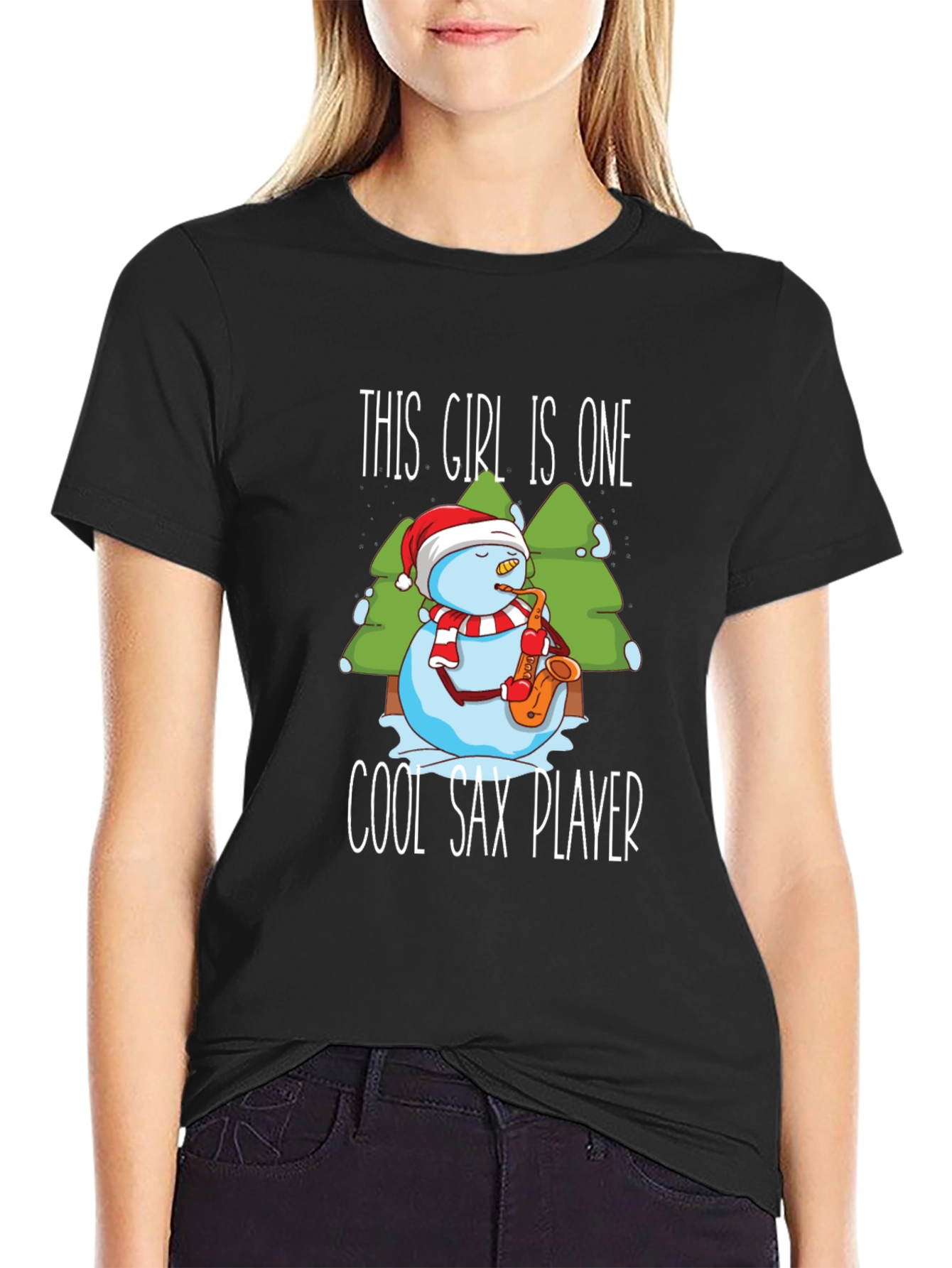 Cool Sax Player Snowman Graphic T-Shirt