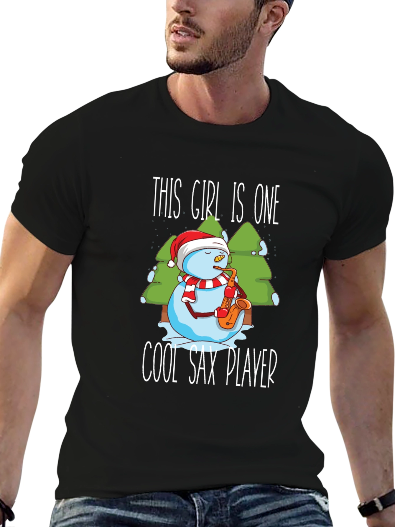 Cool Sax Player Snowman Graphic T-Shirt