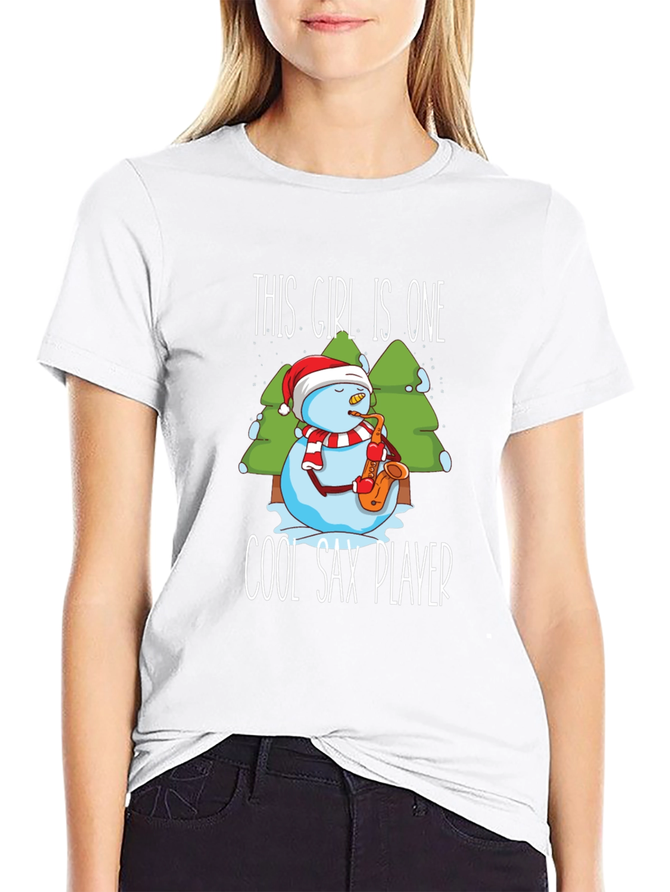 Cool Sax Player Snowman Graphic T-Shirt