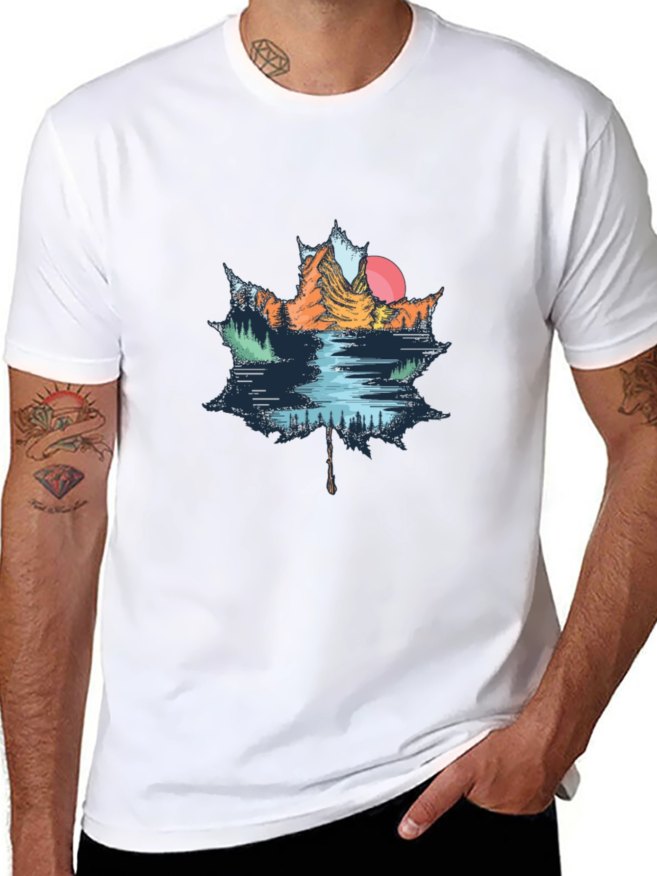 Maple Leaf Mountain Scene Graphic T-Shirt
