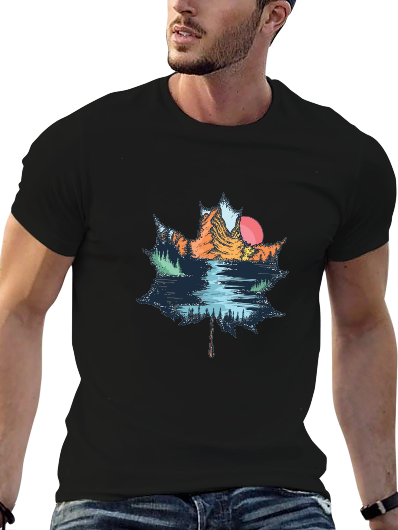Maple Leaf Mountain Scene Graphic T-Shirt