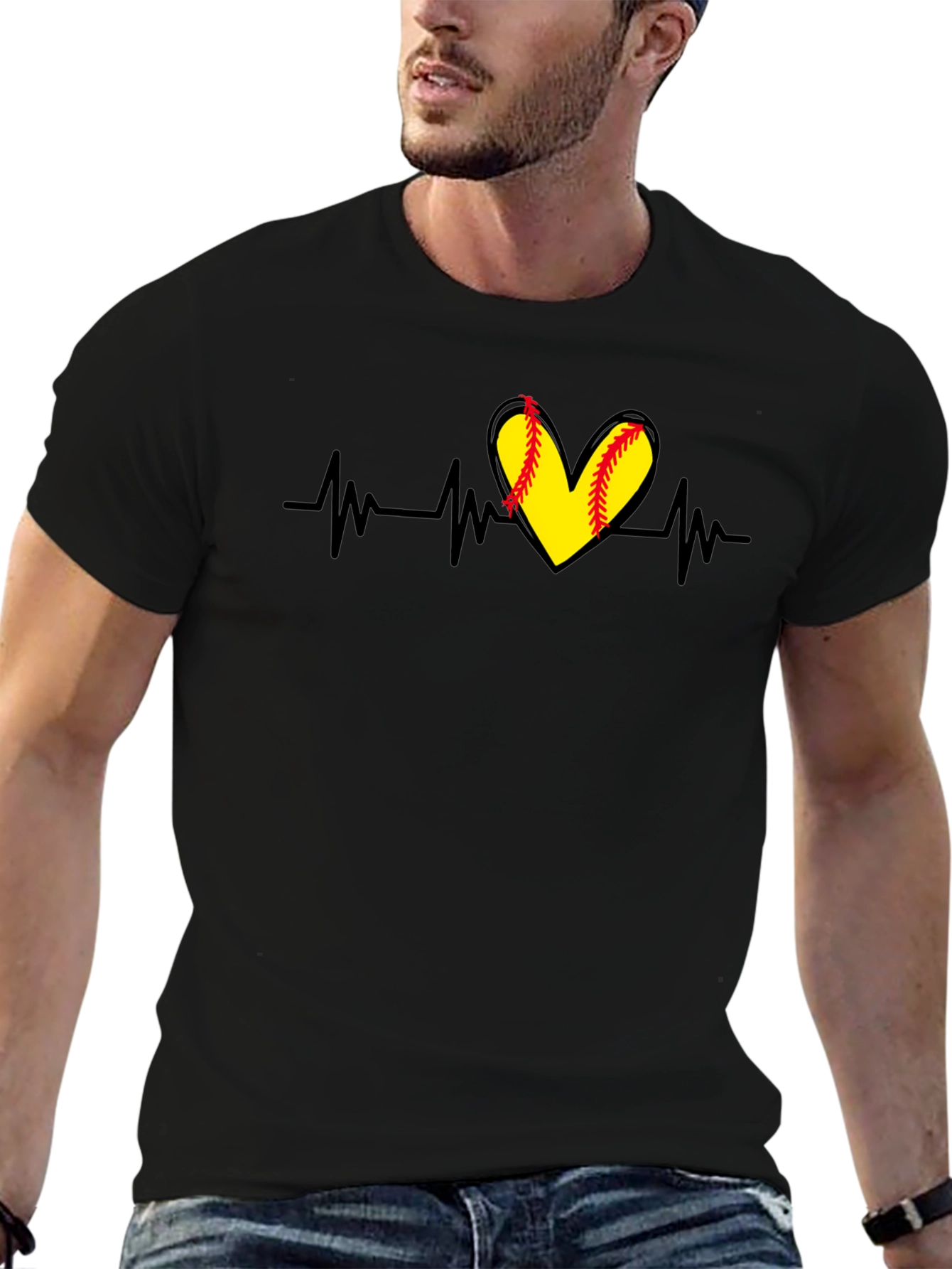 Softball Heartbeat T-Shirt - Black