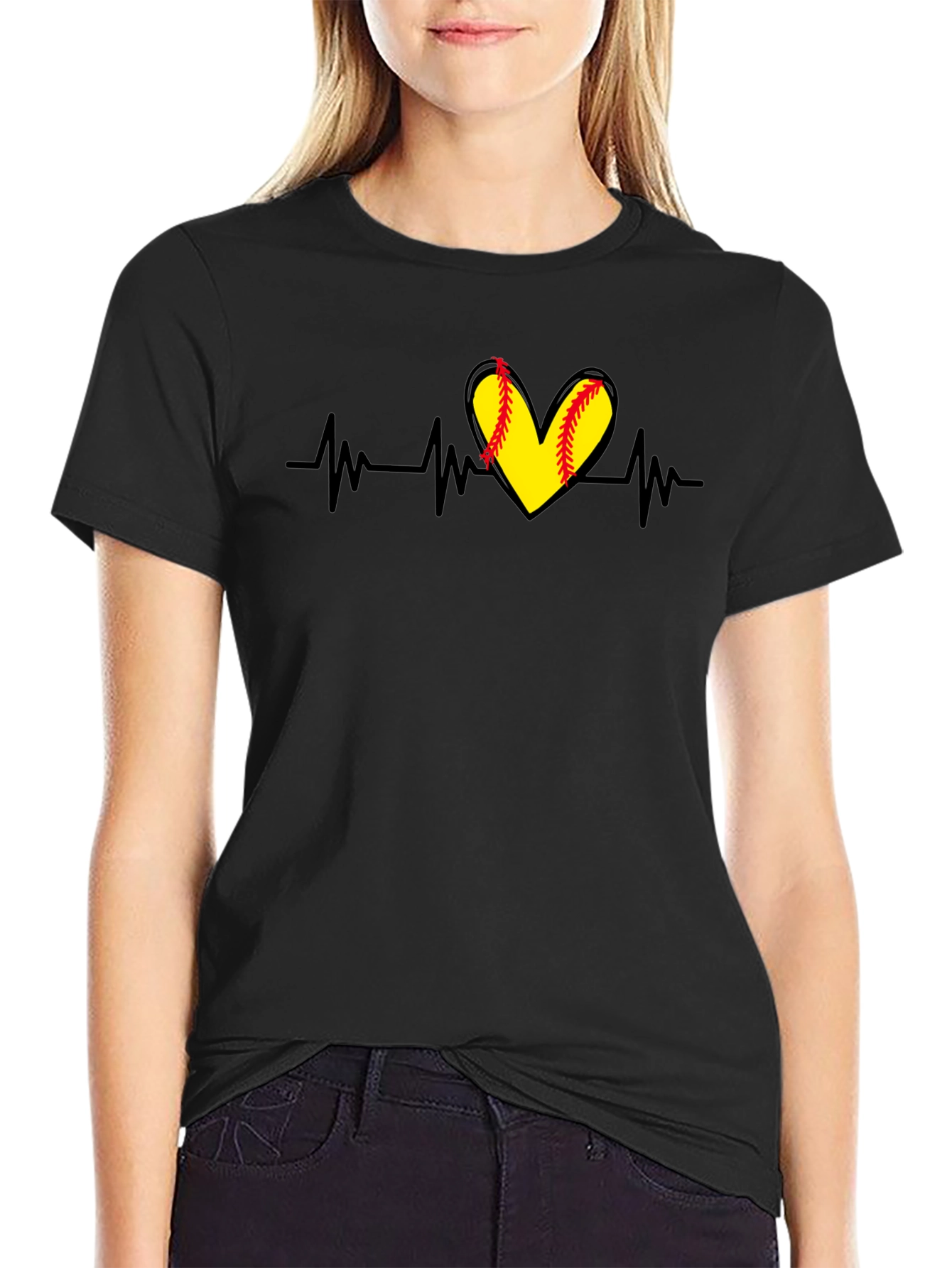 Softball Heartbeat T-Shirt - Black