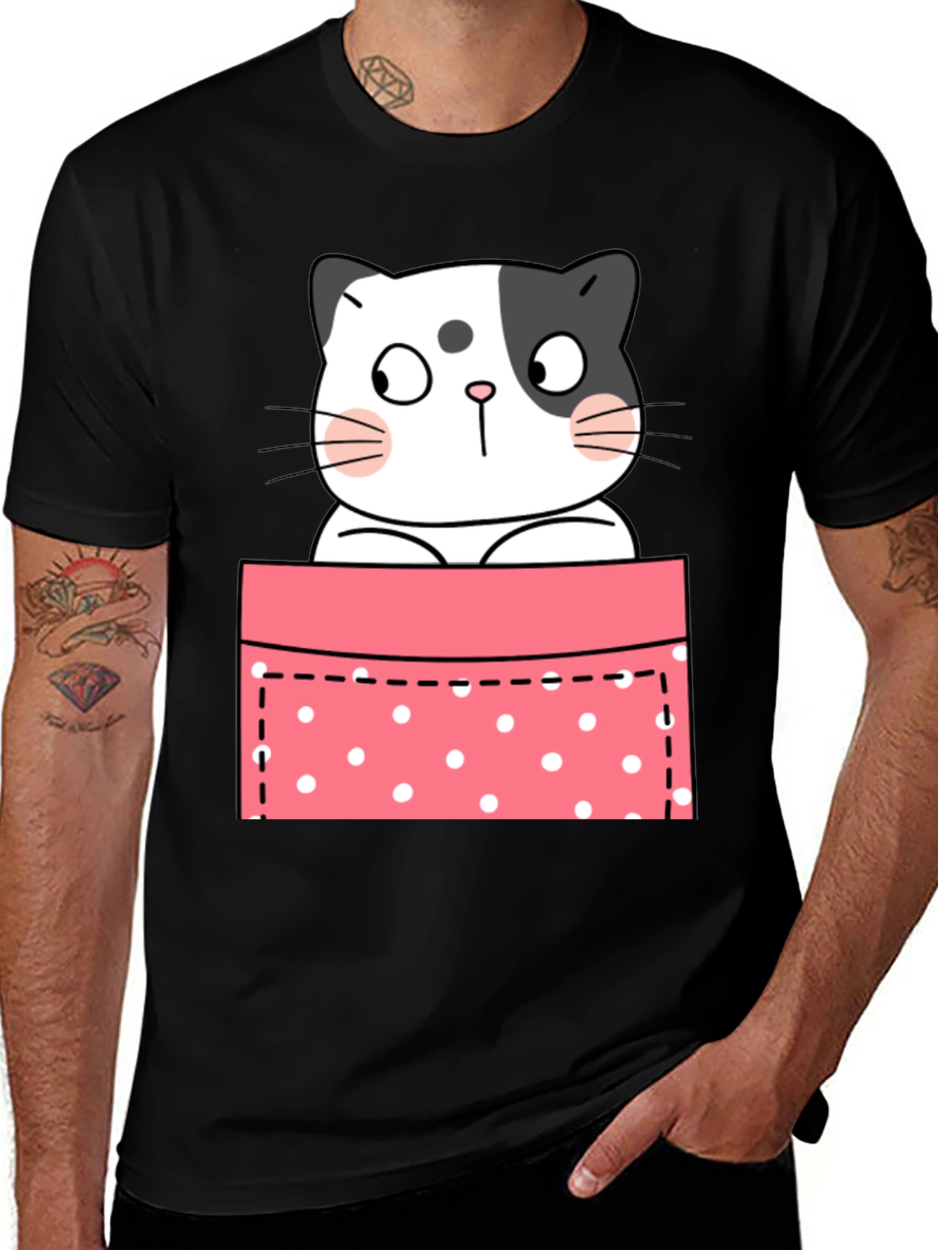 Cute Cat Pocket Graphic T-Shirt - Unisex