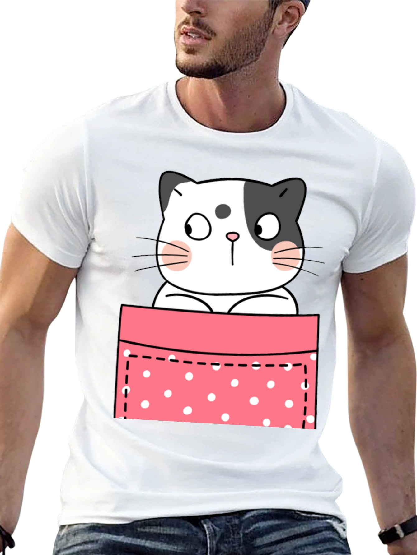 Cute Cat Pocket Graphic T-Shirt - Unisex