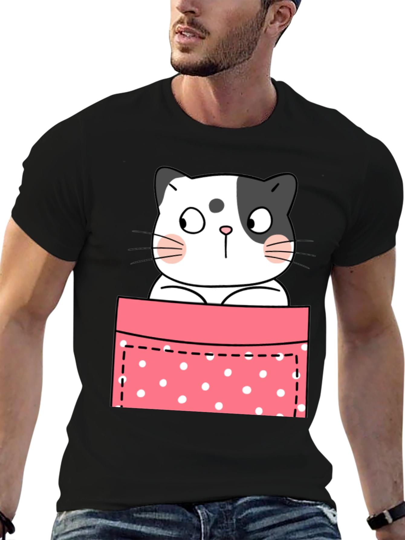 Cute Cat Pocket Graphic T-Shirt - Unisex