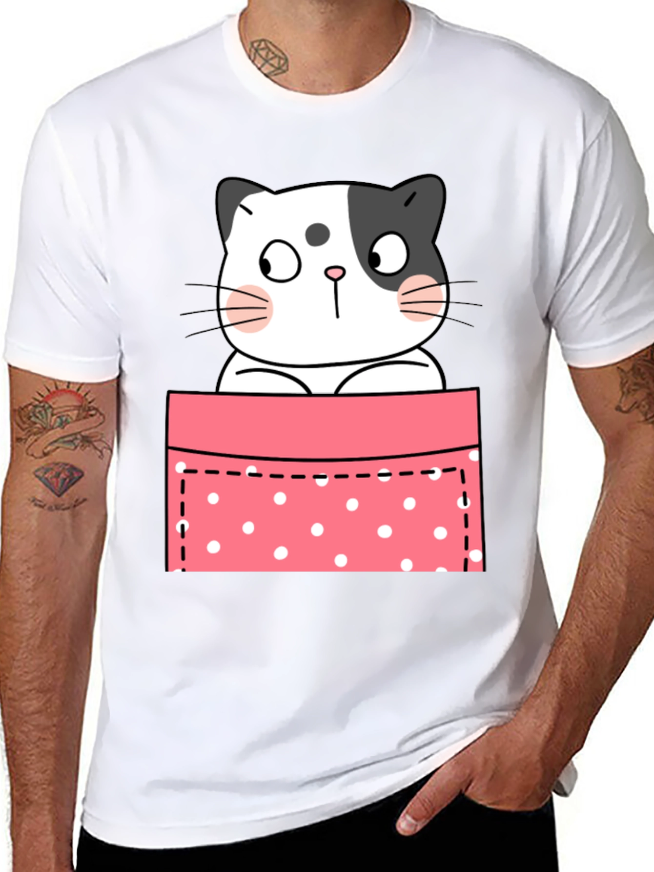 Cute Cat Pocket Graphic T-Shirt - Unisex