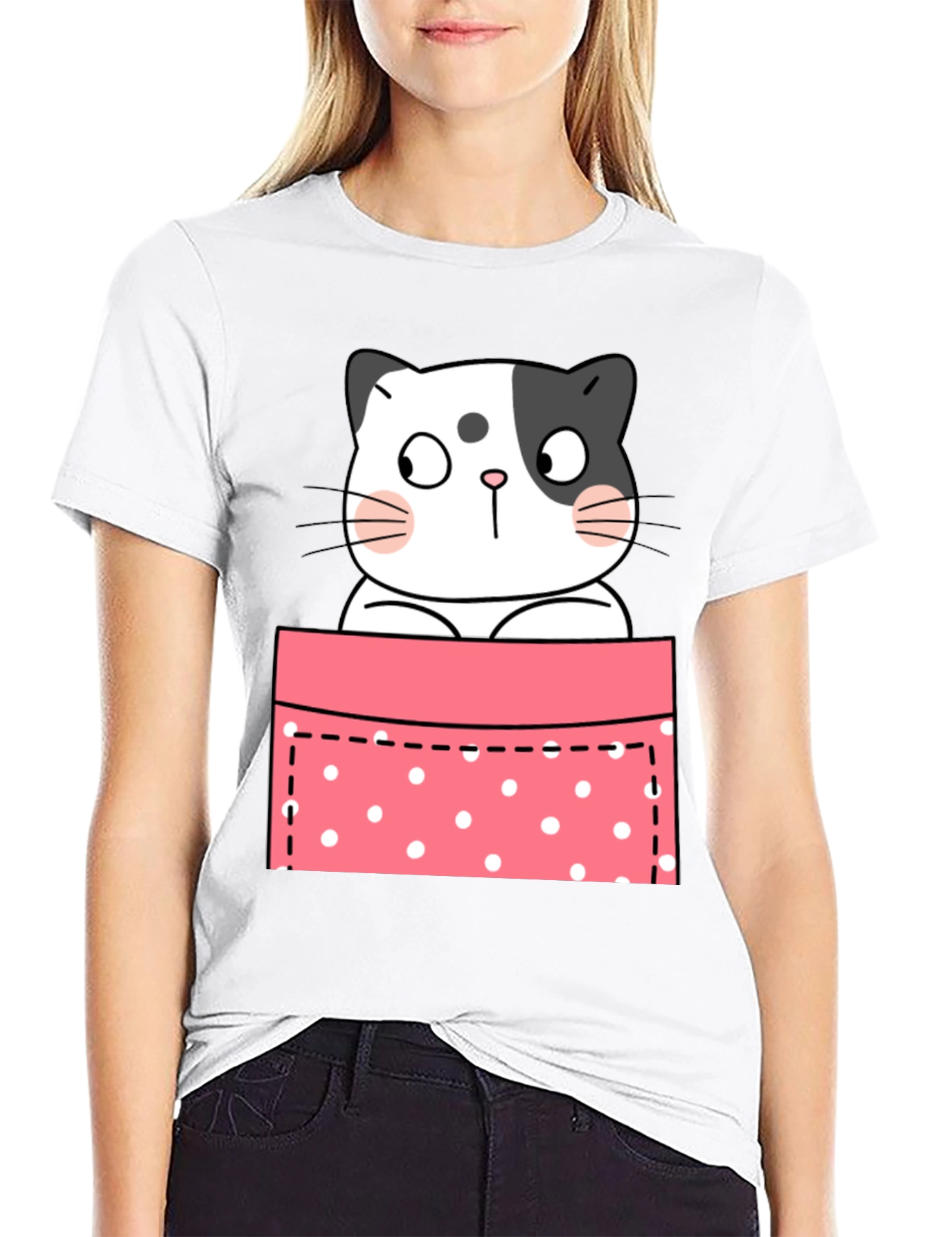 Cute Cat Pocket Graphic T-Shirt - Unisex