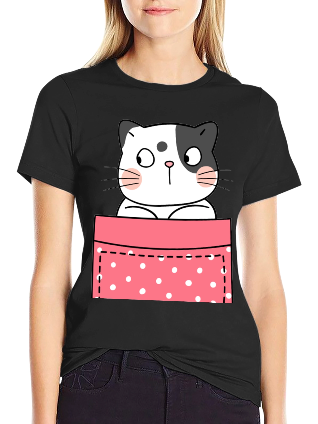 Cute Cat Pocket Graphic T-Shirt - Unisex
