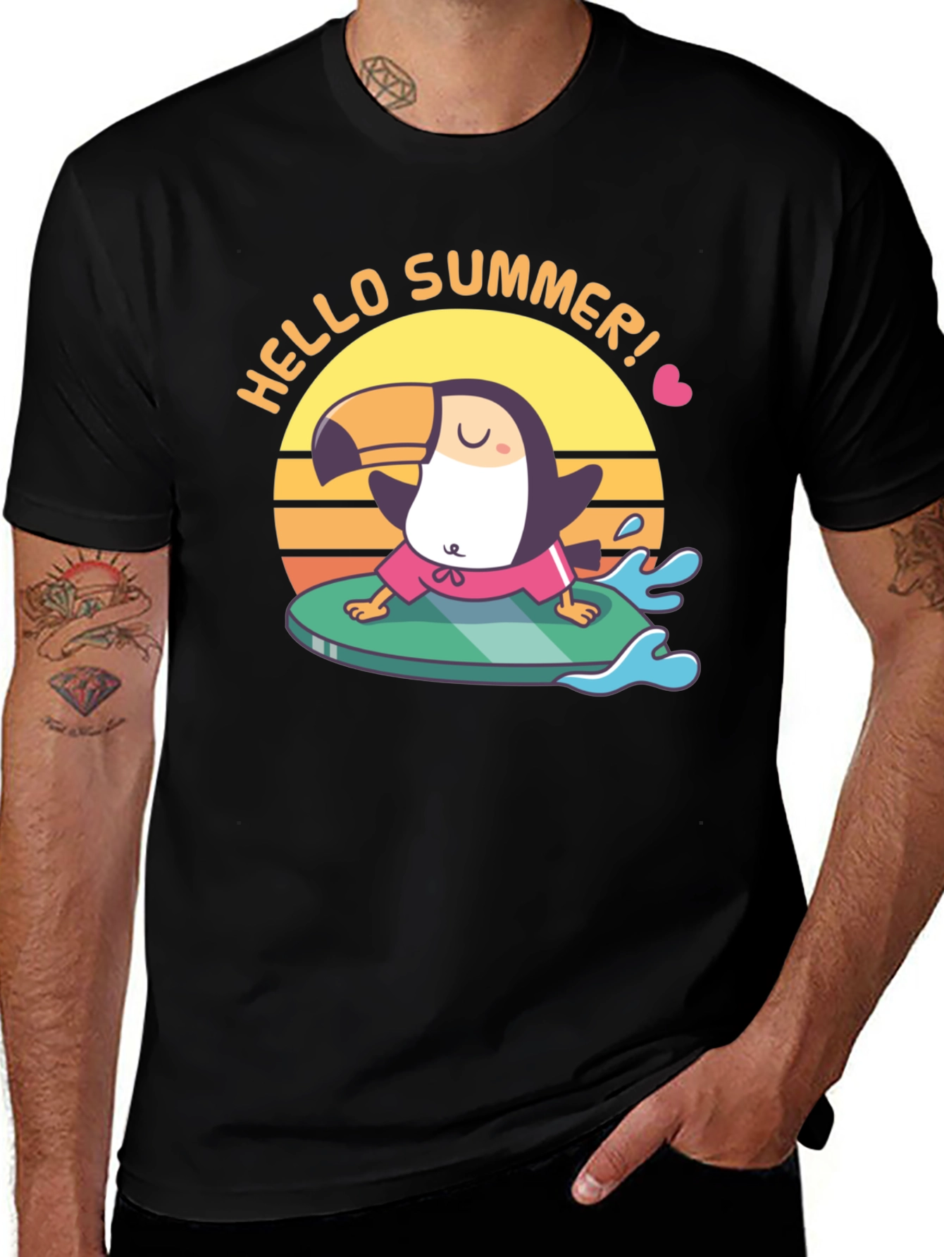 Hello Summer! T-Shirt Surfing Toucan Design