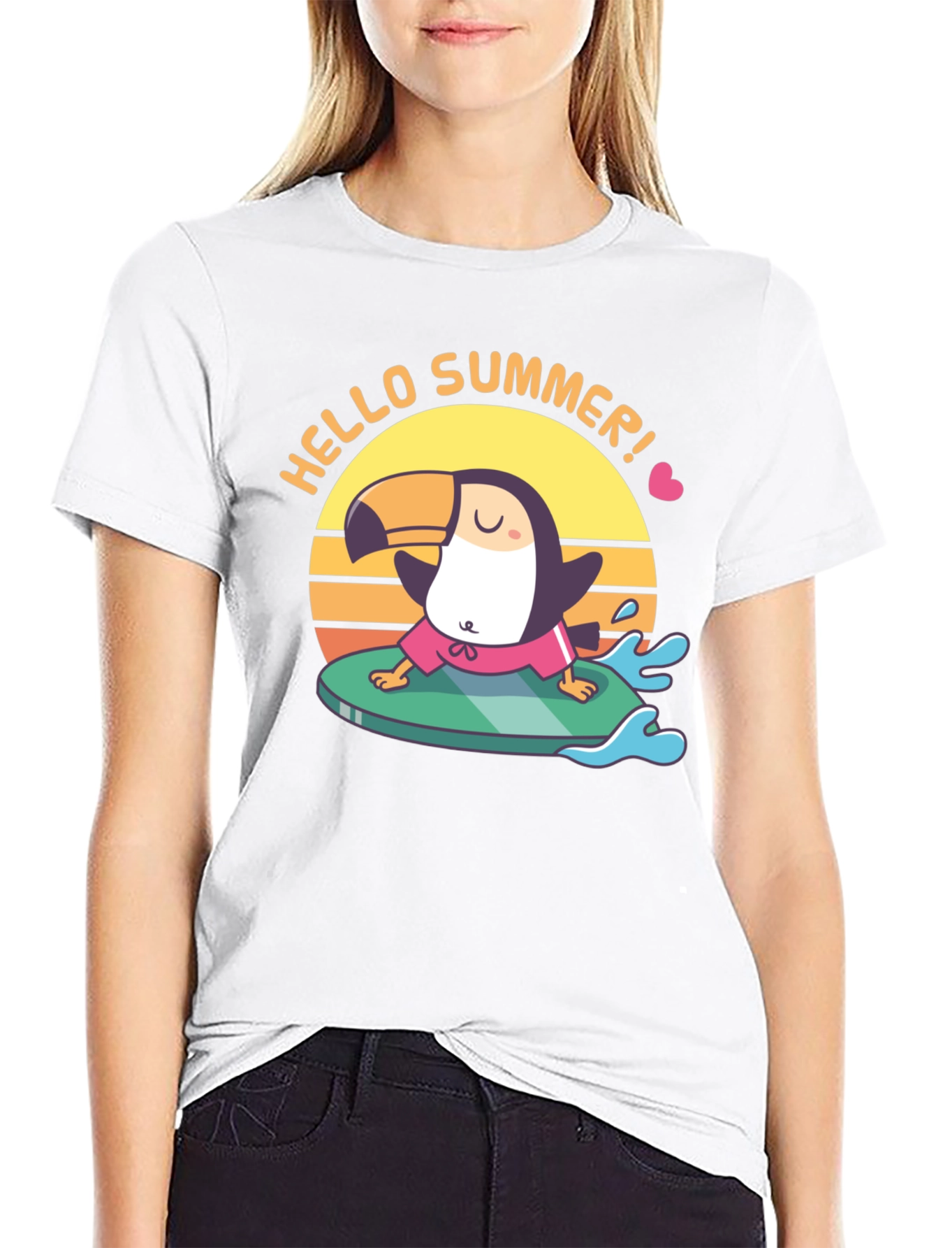 Hello Summer! T-Shirt Surfing Toucan Design
