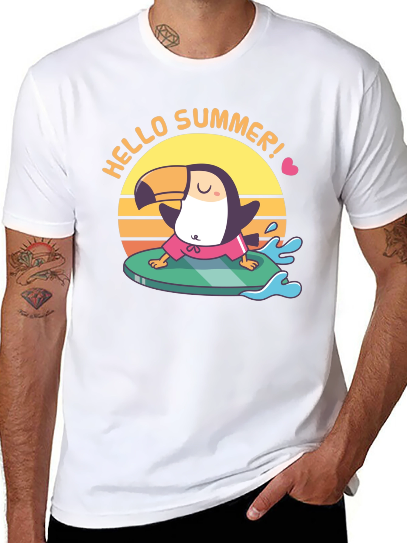Hello Summer! T-Shirt Surfing Toucan Design