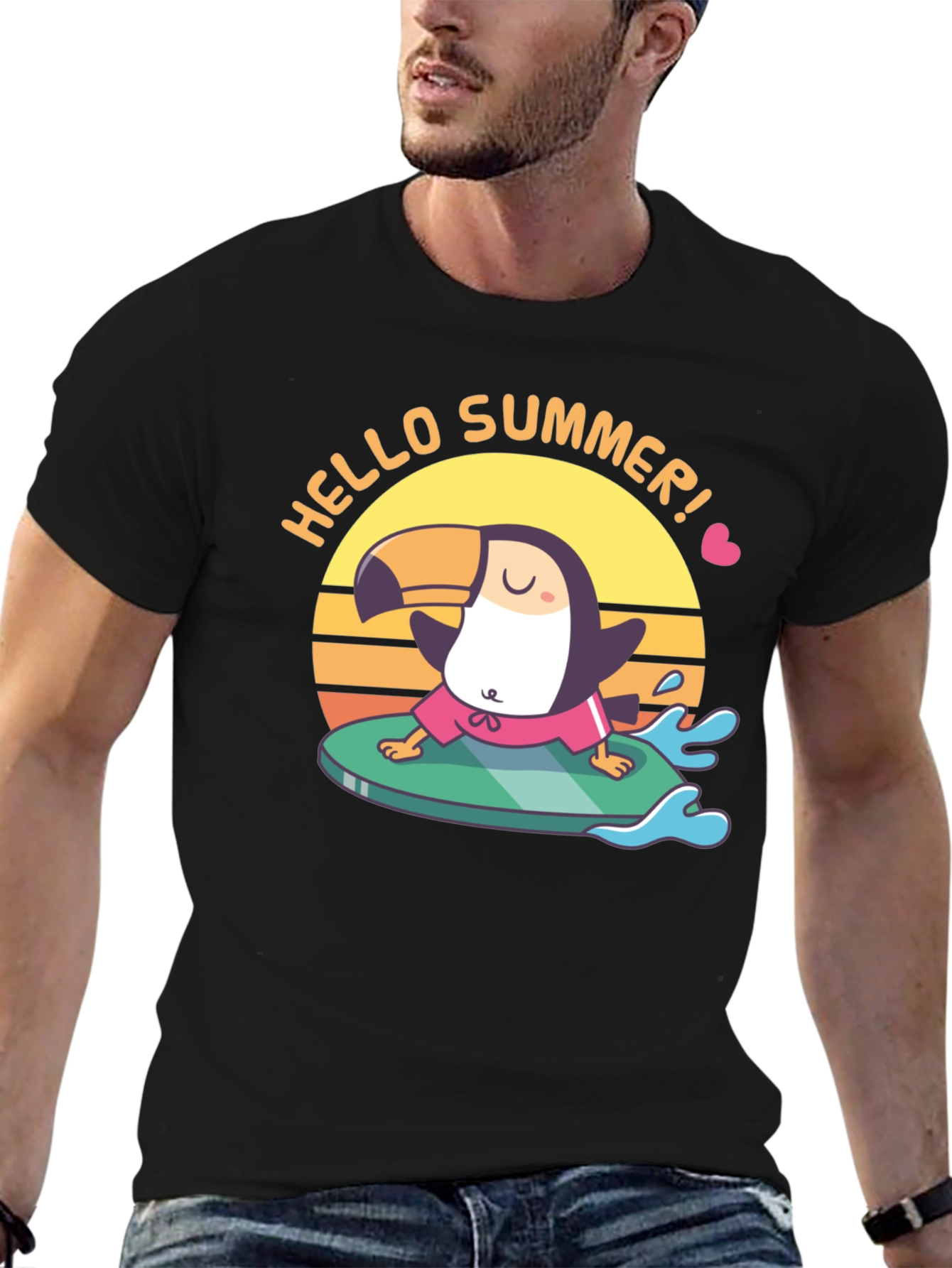 Hello Summer! T-Shirt Surfing Toucan Design