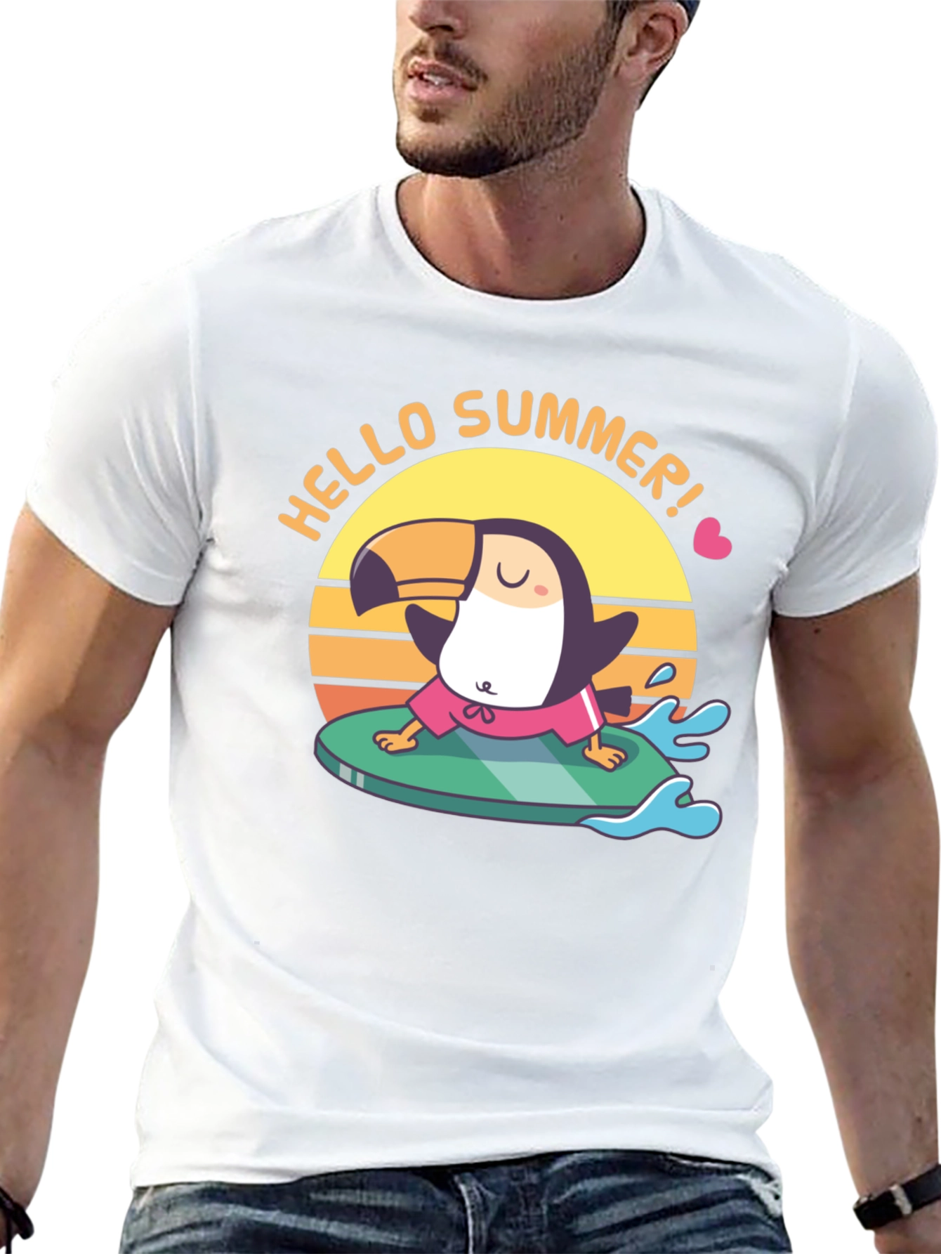 Hello Summer! T-Shirt Surfing Toucan Design
