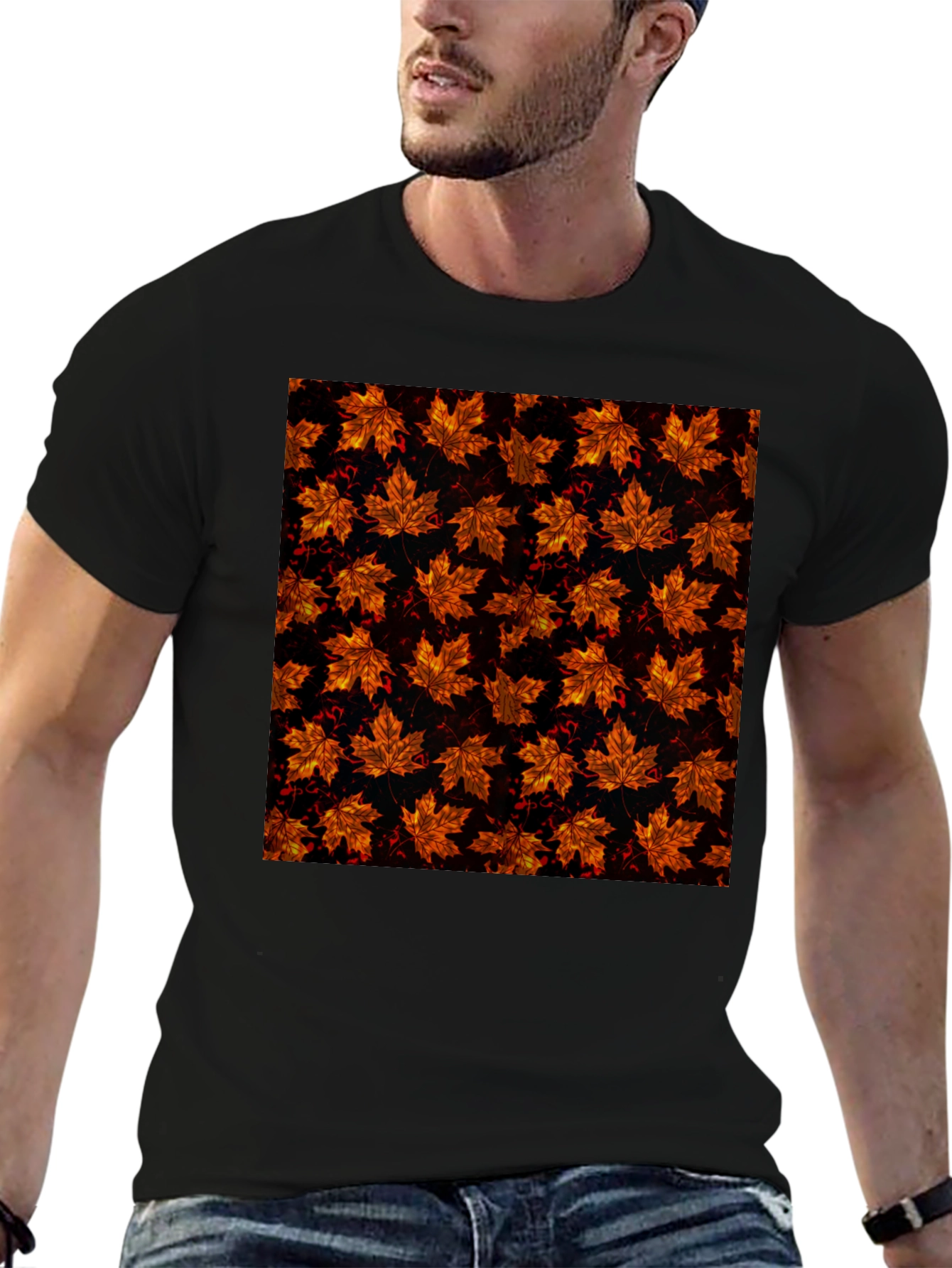 Autumn Leaf Print Black T-Shirt