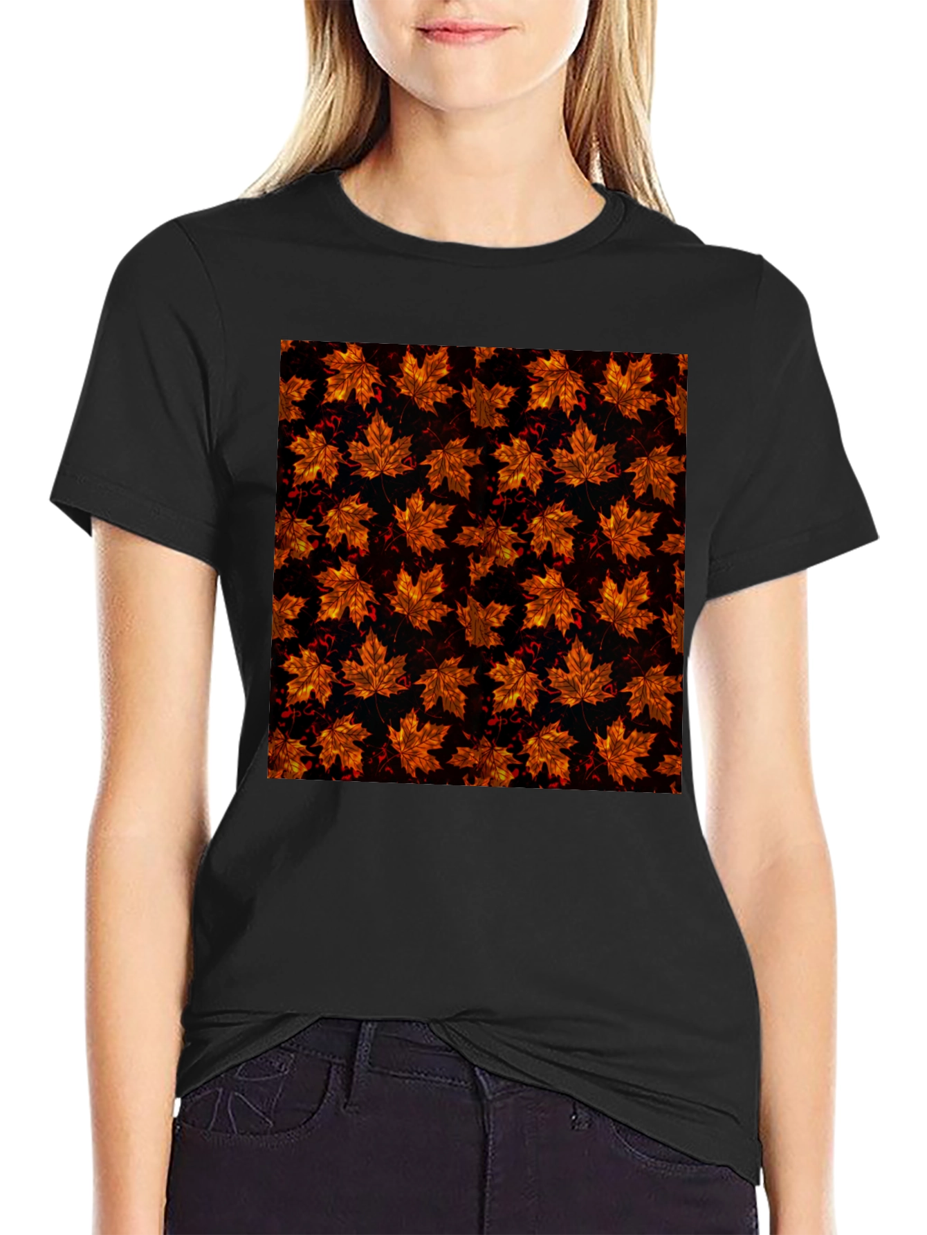Autumn Leaf Print Black T-Shirt