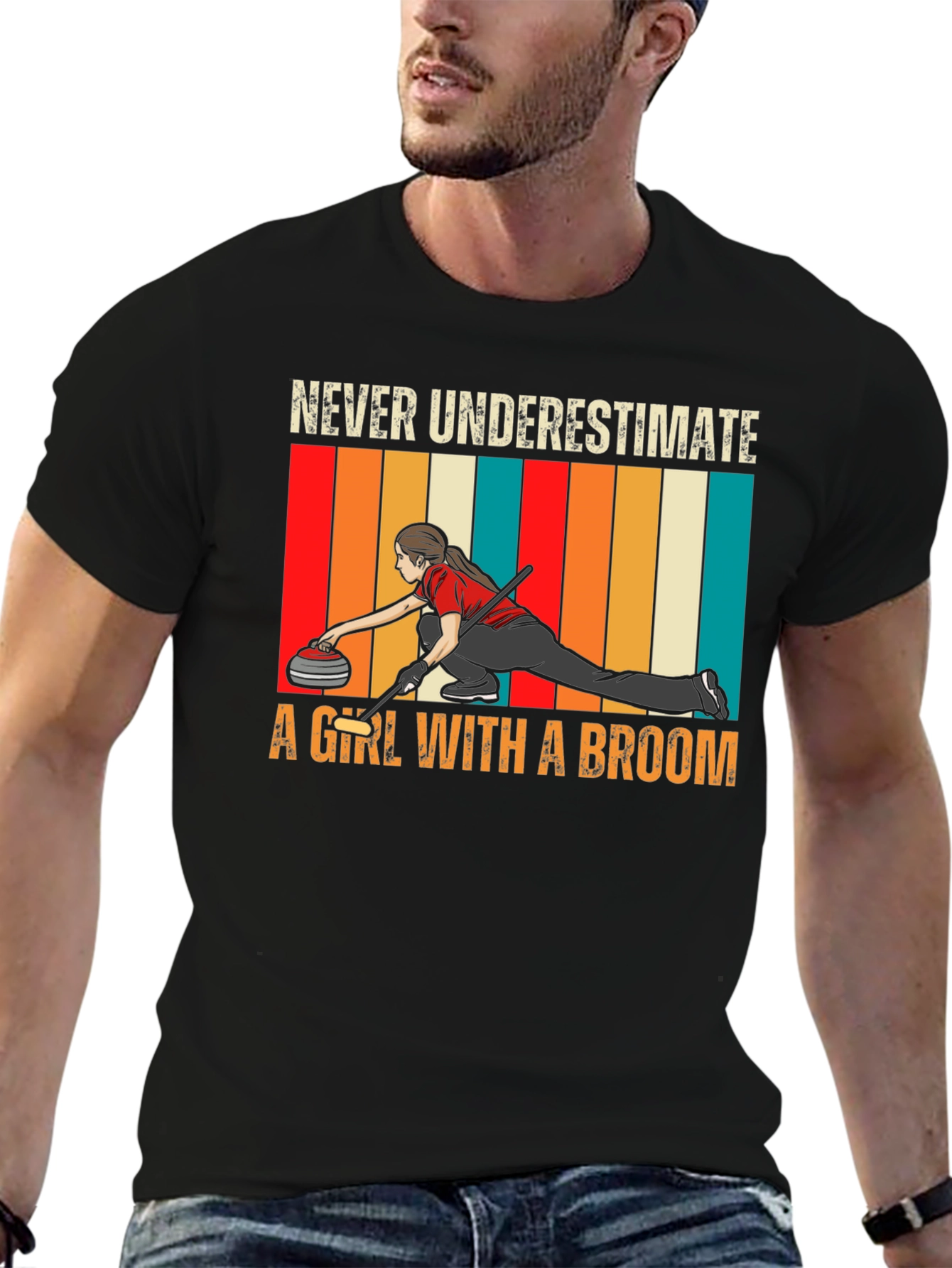 Curling Girl with Broom T-Shirt - Never Underestimate