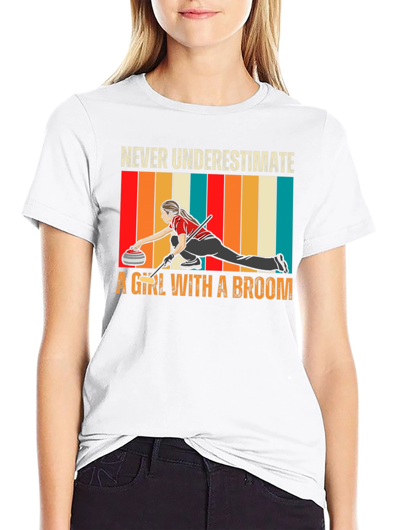 Curling Girl with Broom T-Shirt - Never Underestimate