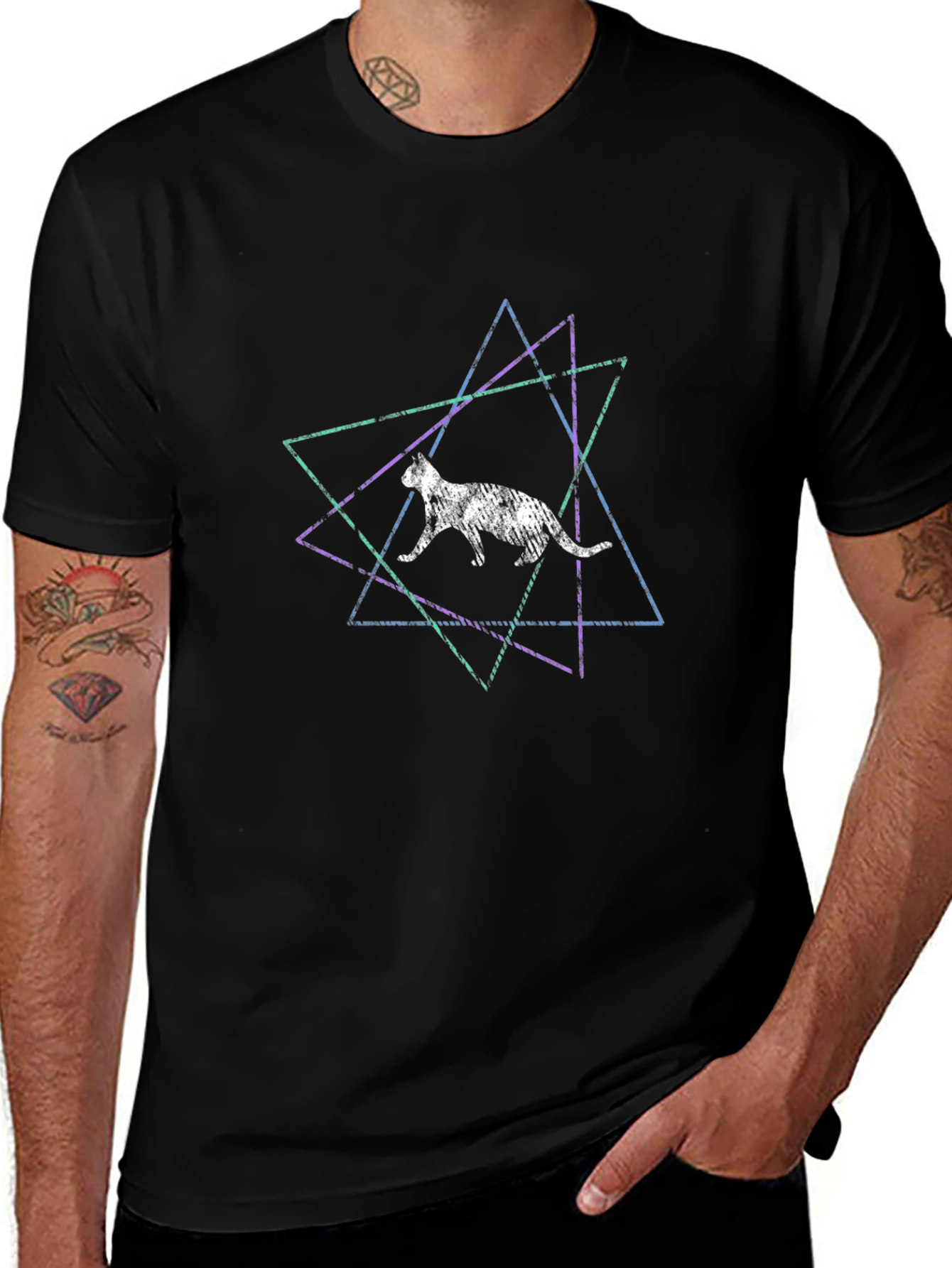 Geometric Cat Graphic Tee - Black