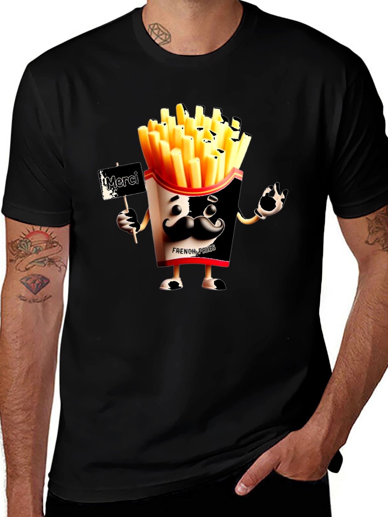 Novelty French Fries Graphic Black T-Shirt