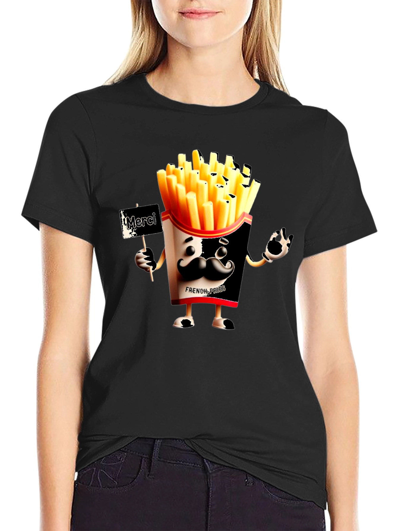 Novelty French Fries Graphic Black T-Shirt