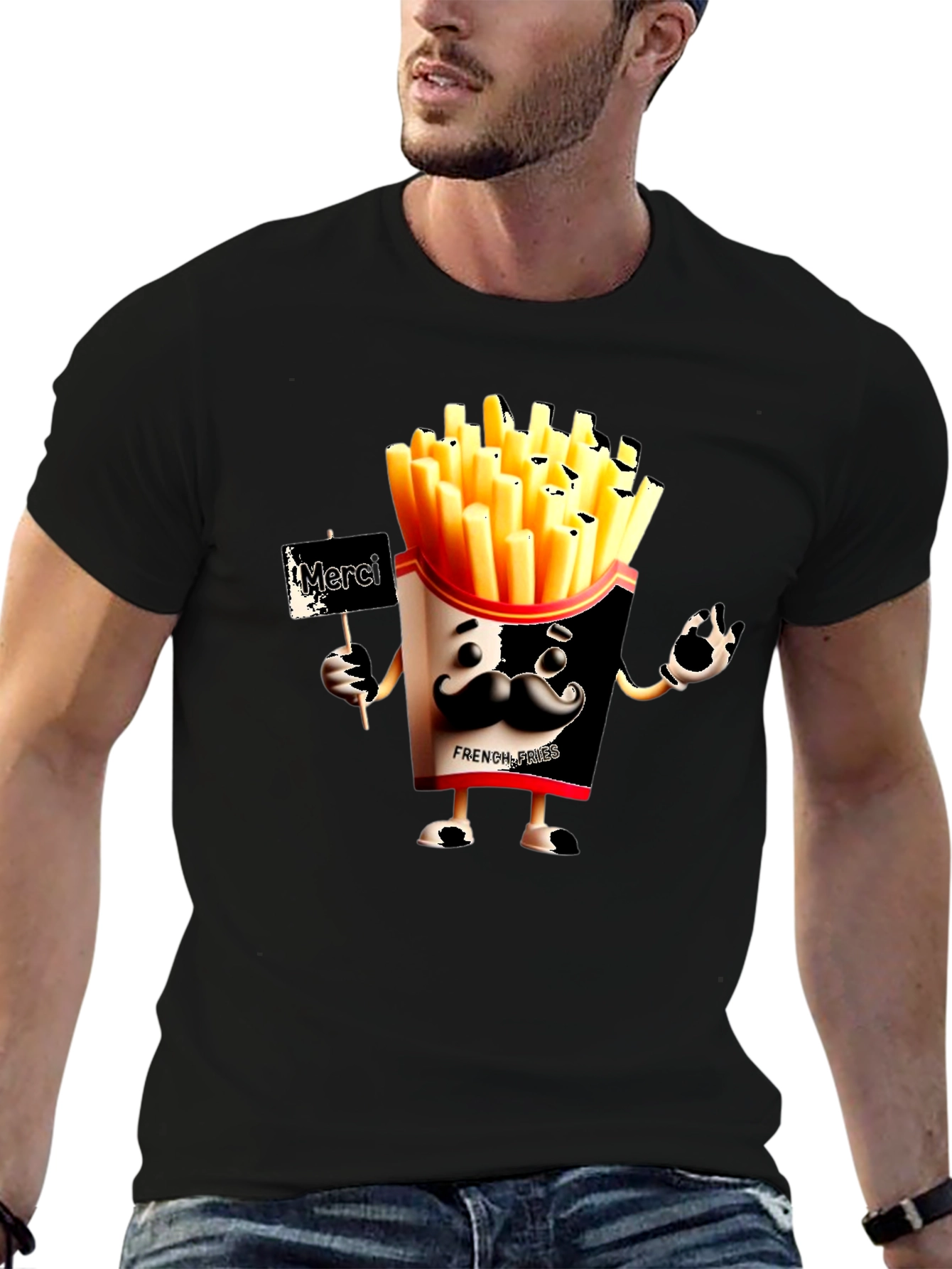 Novelty French Fries Graphic Black T-Shirt