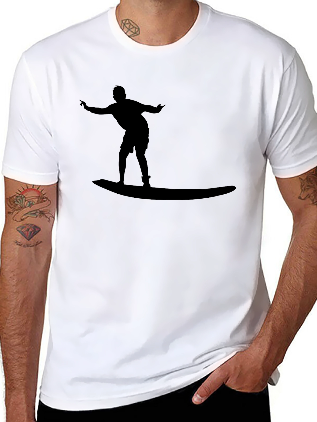 Surfer Silhouette Black Cotton Tee - Casual Style