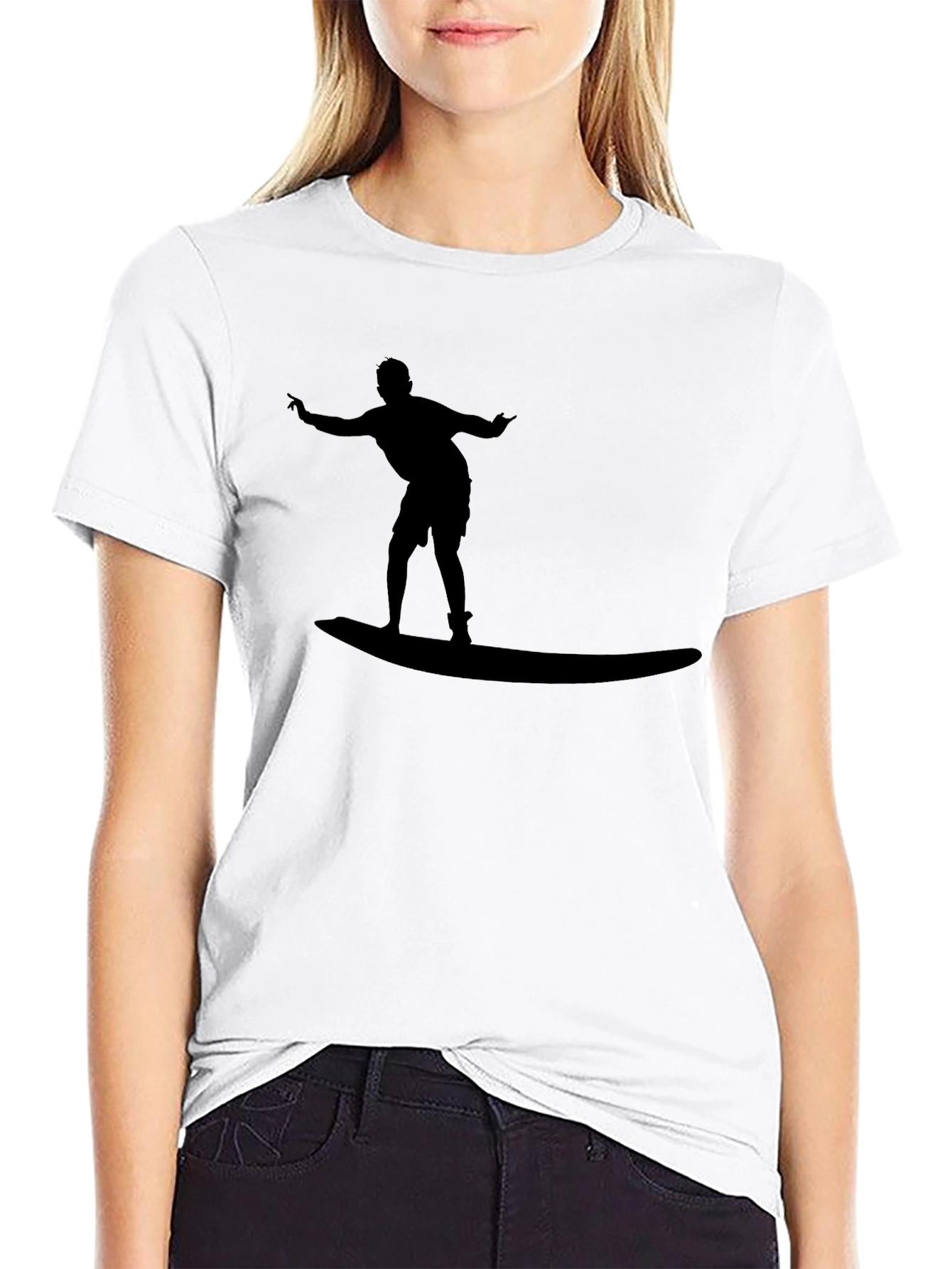 Surfer Silhouette Black Cotton Tee - Casual Style
