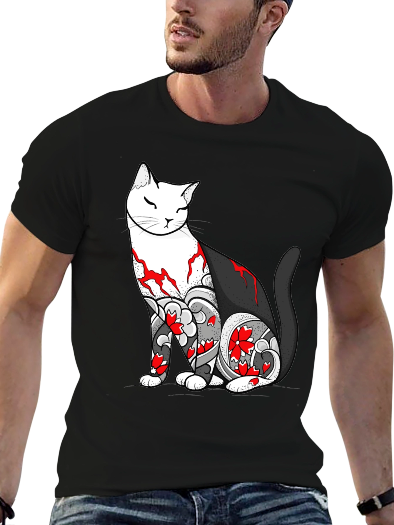 Cat Tattoo Graphic Black T-Shirt