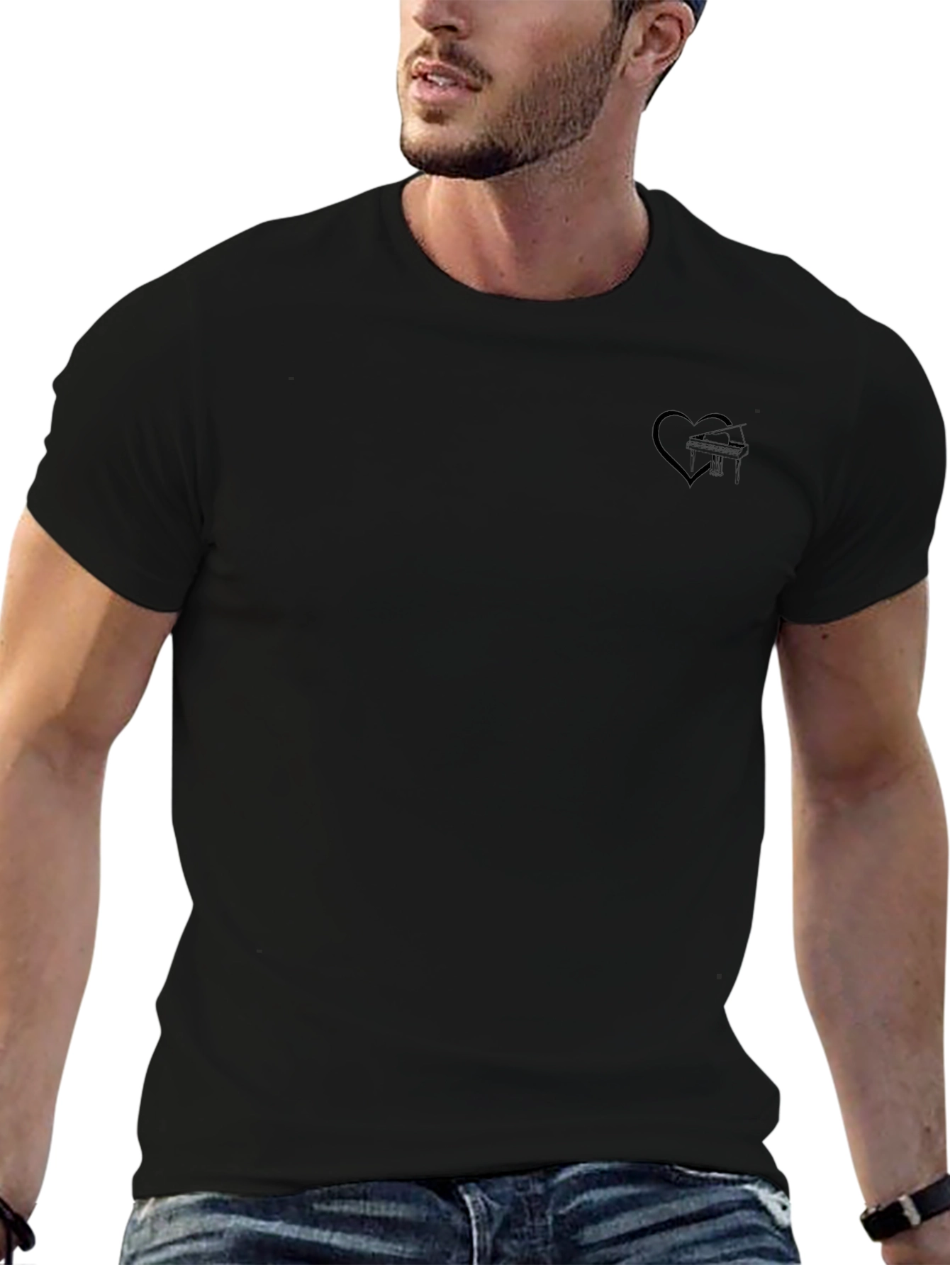 Mens Black Graphic T-Shirt with Heart & Airplane Design