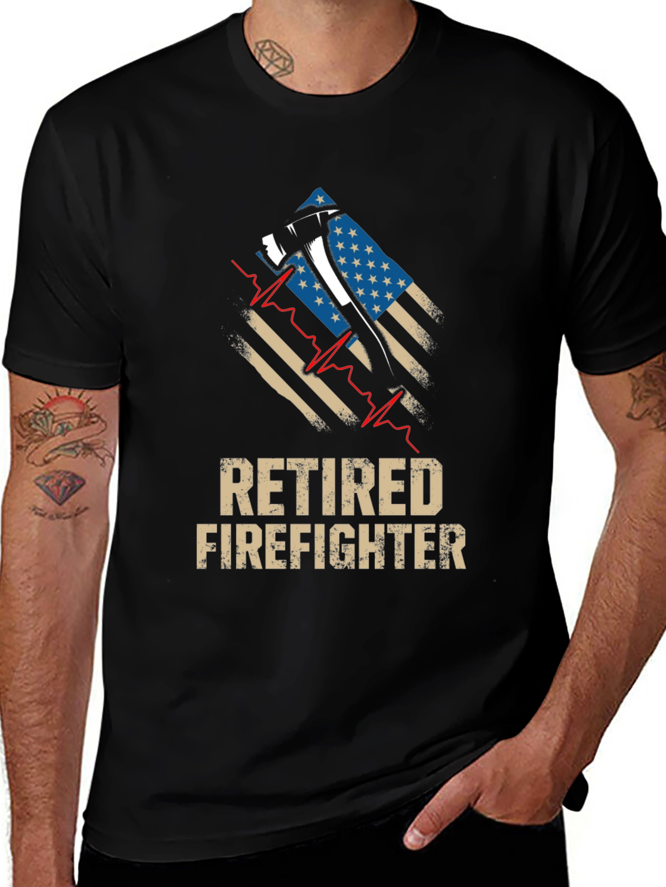 Retired Firefighter Axe American Flag Graphic T-Shirt