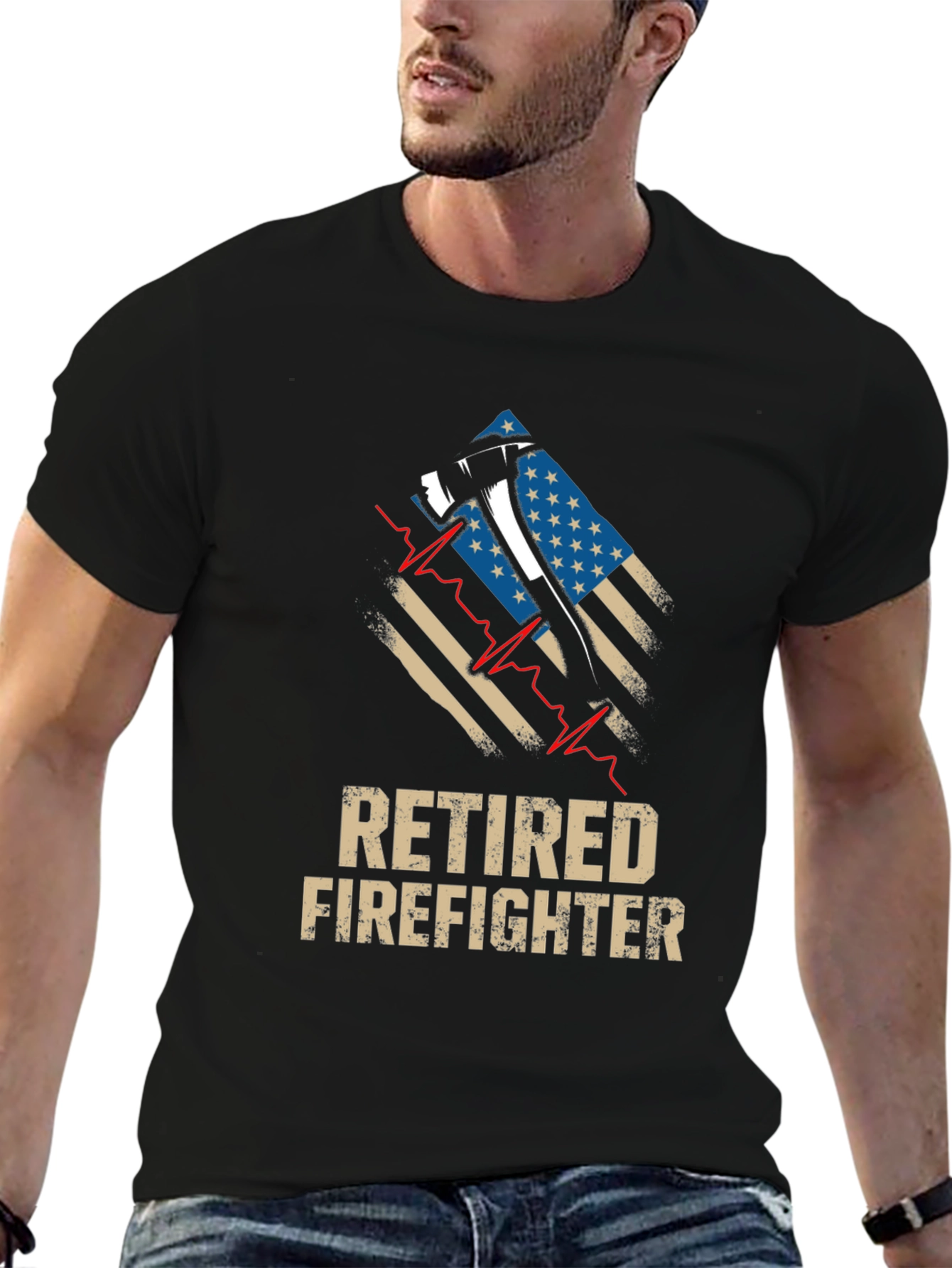 Retired Firefighter Axe American Flag Graphic T-Shirt