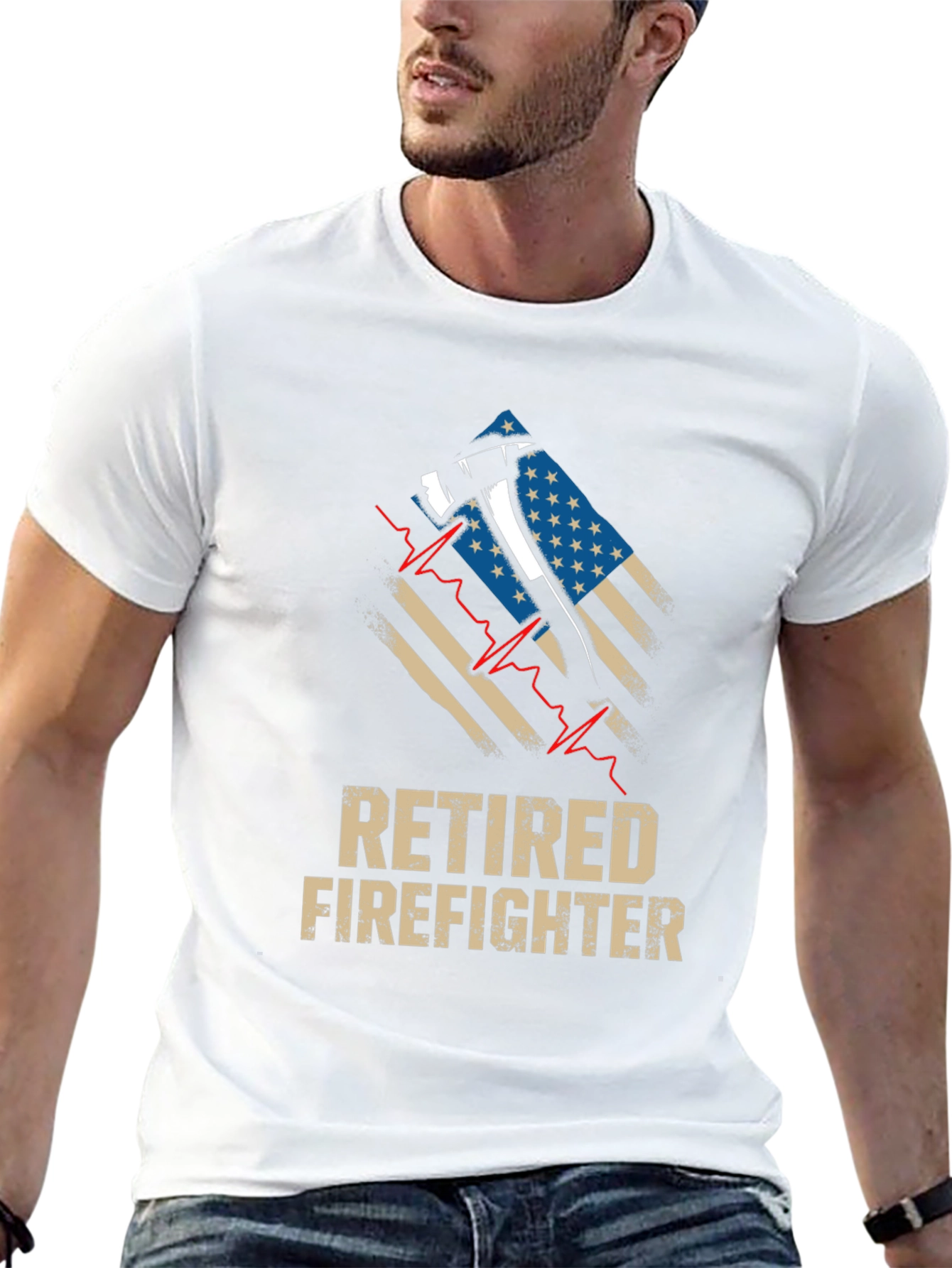 Retired Firefighter Axe American Flag Graphic T-Shirt