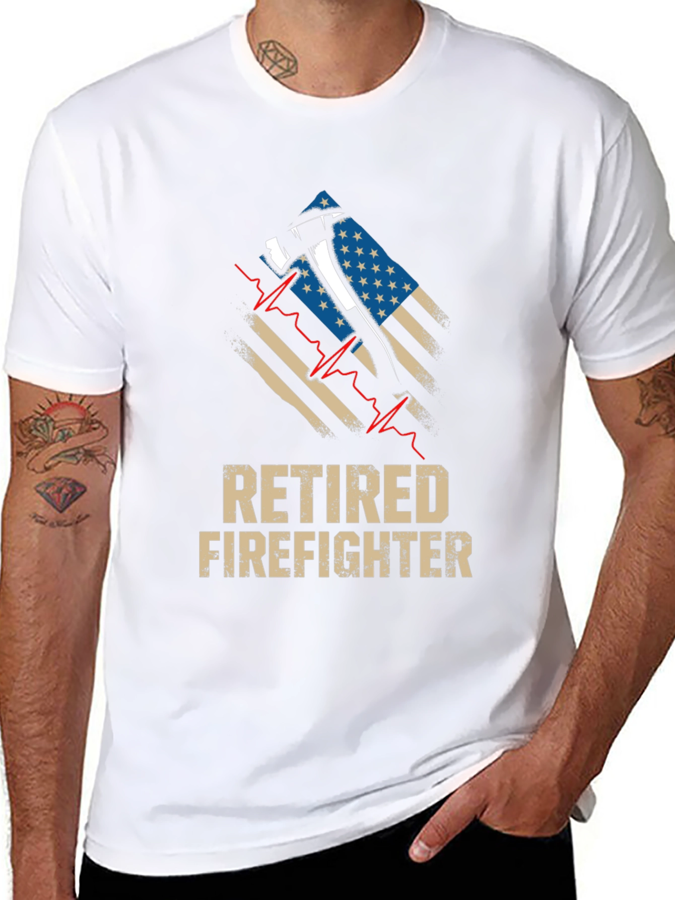 Retired Firefighter Axe American Flag Graphic T-Shirt