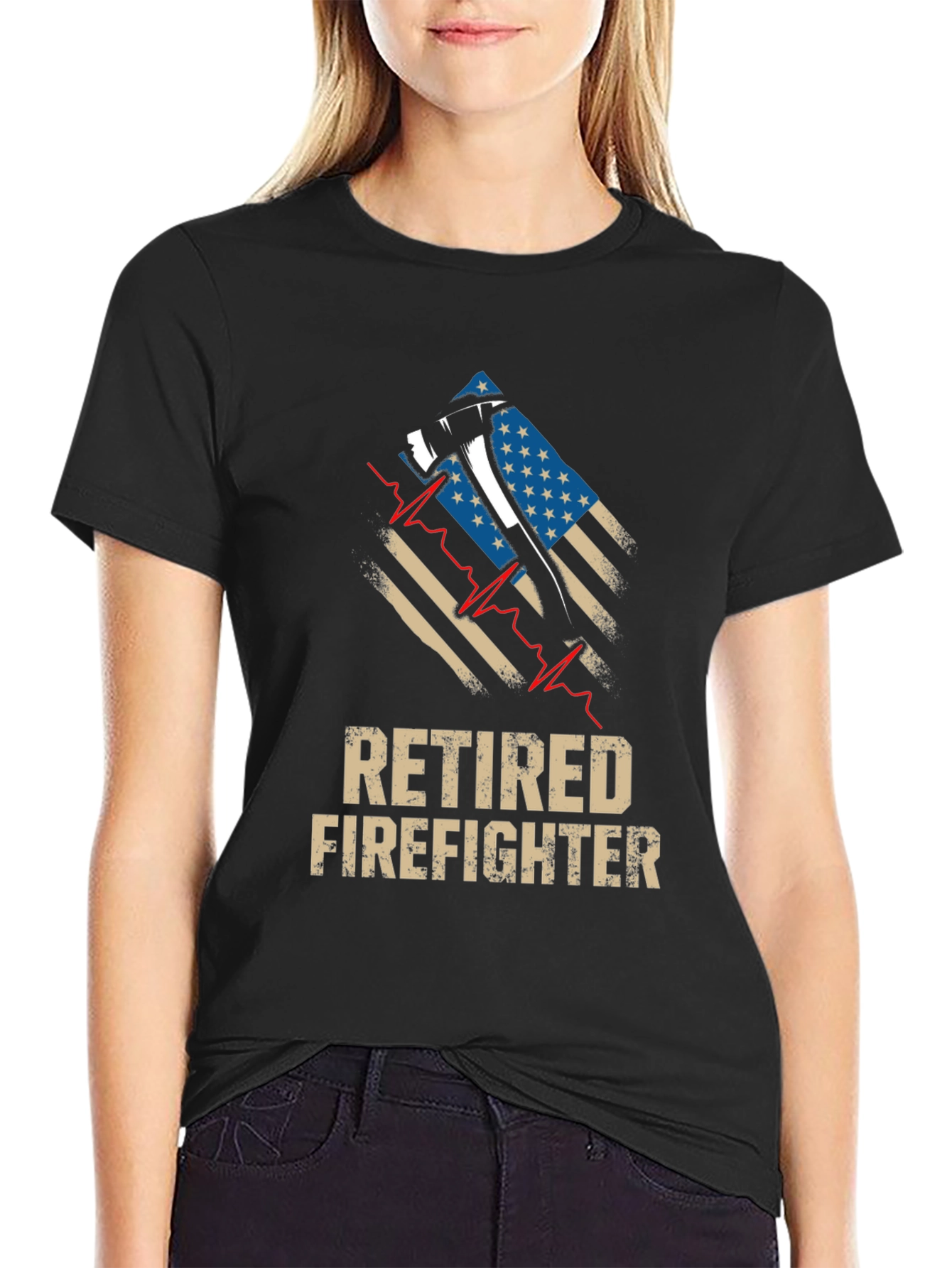 Retired Firefighter Axe American Flag Graphic T-Shirt