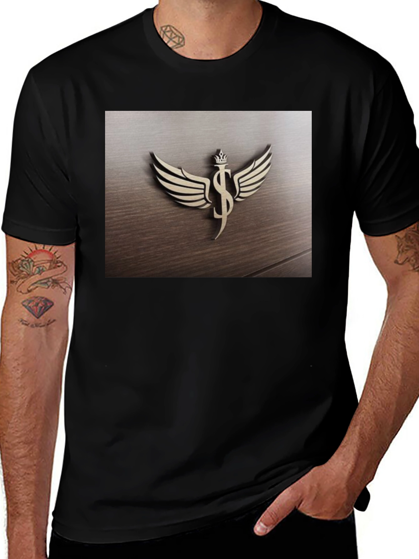 Winged Dollar Sign Crown Graphic T-Shirt - Black