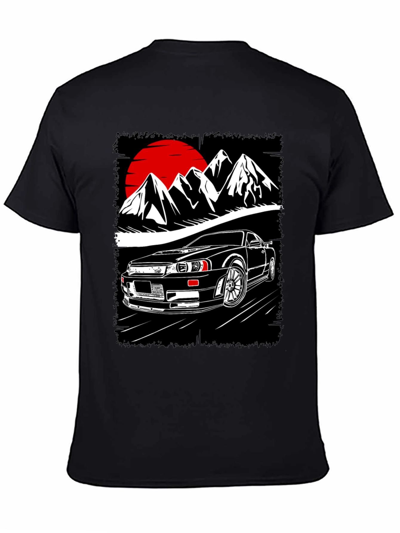 Car & Mountain Graphic Tee - Black Cotton T-Shirt