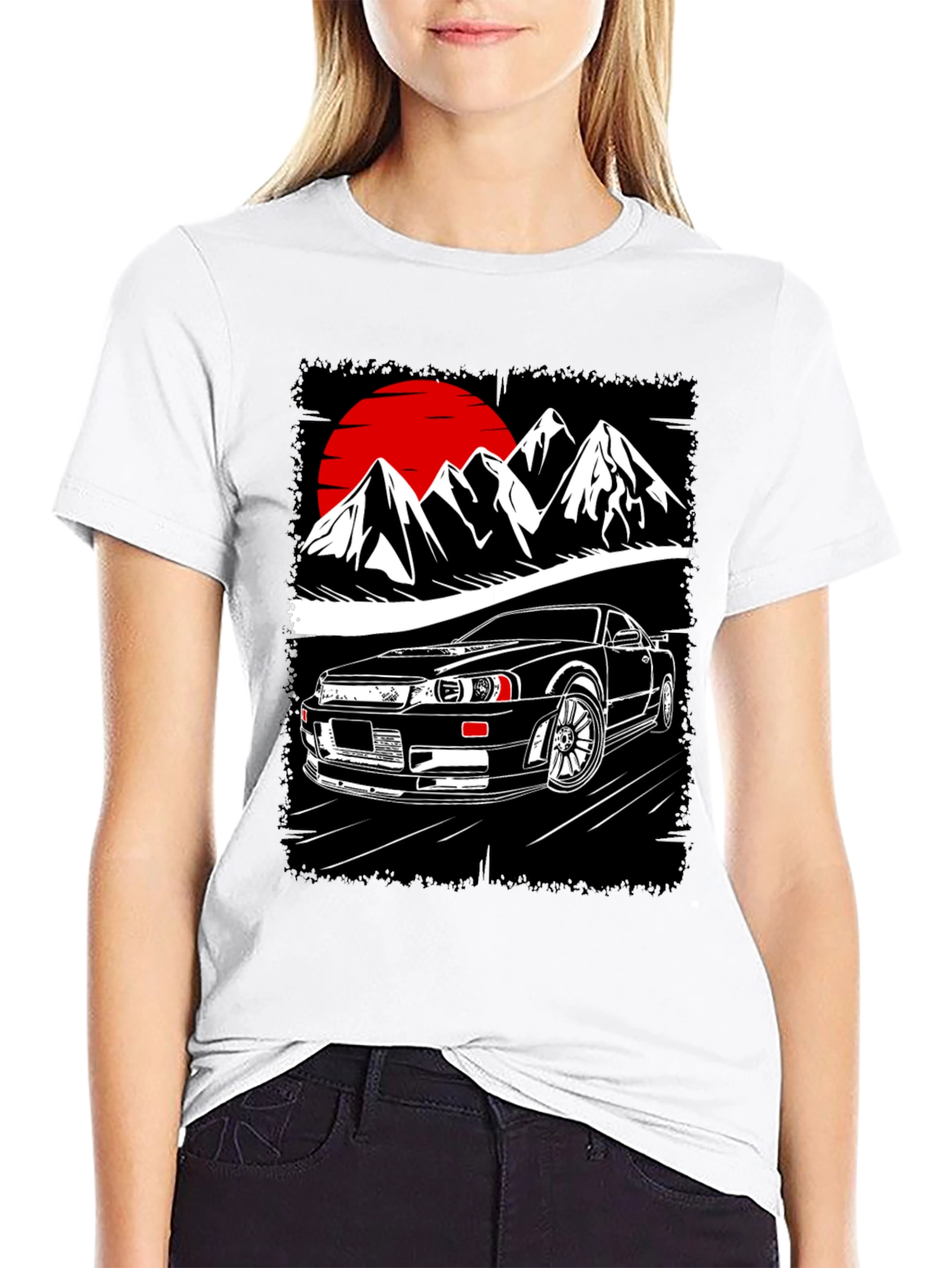 Car & Mountain Graphic Tee - Black Cotton T-Shirt