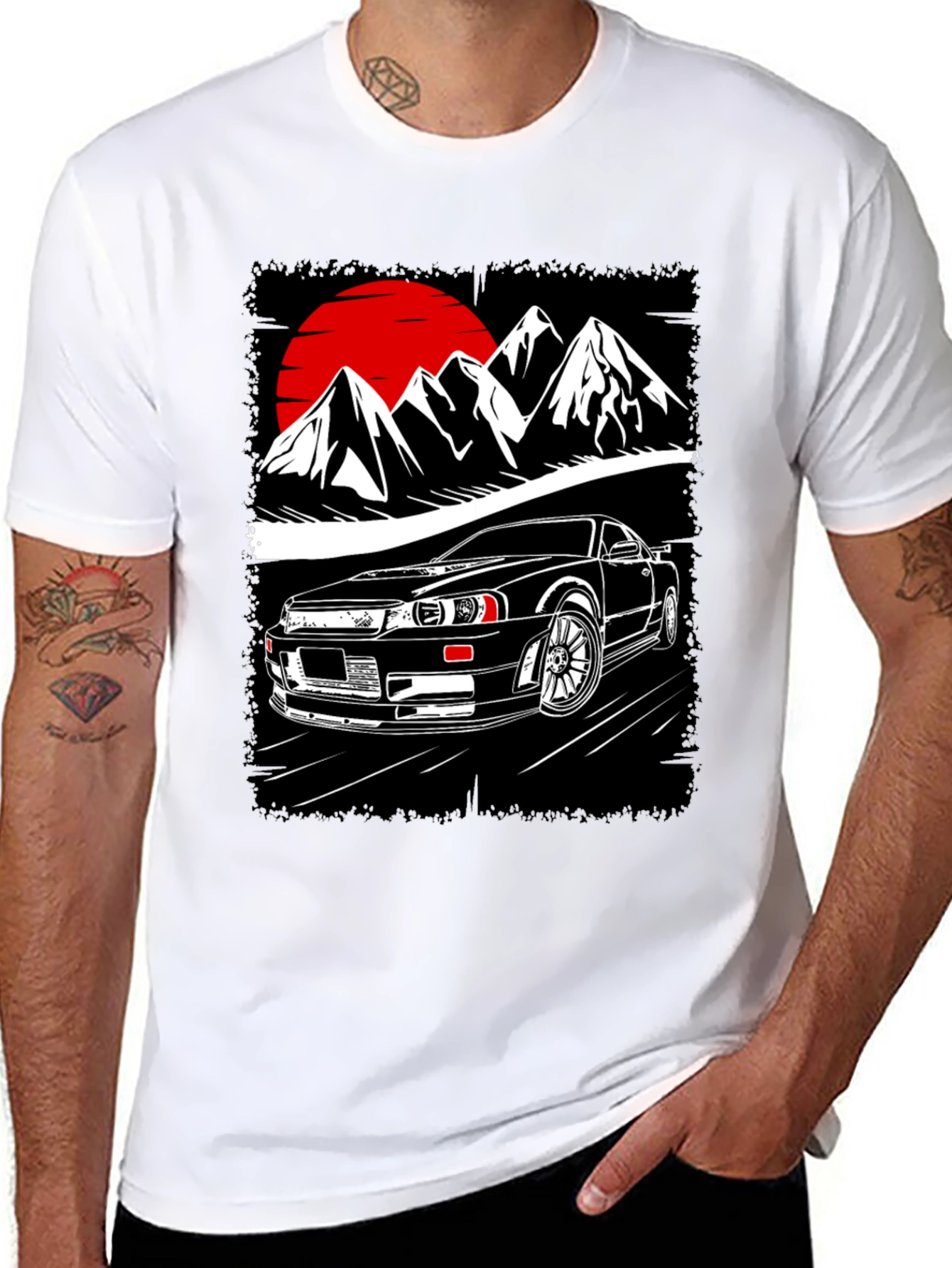 Car & Mountain Graphic Tee - Black Cotton T-Shirt