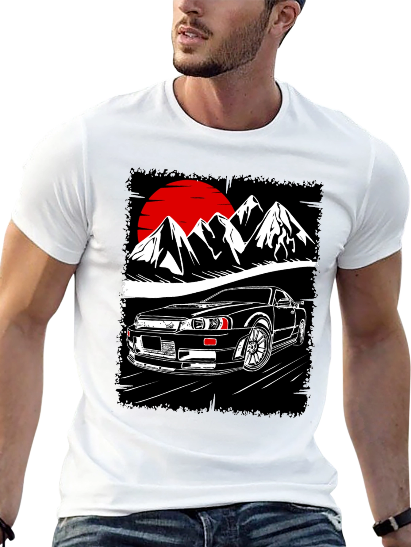 Car & Mountain Graphic Tee - Black Cotton T-Shirt