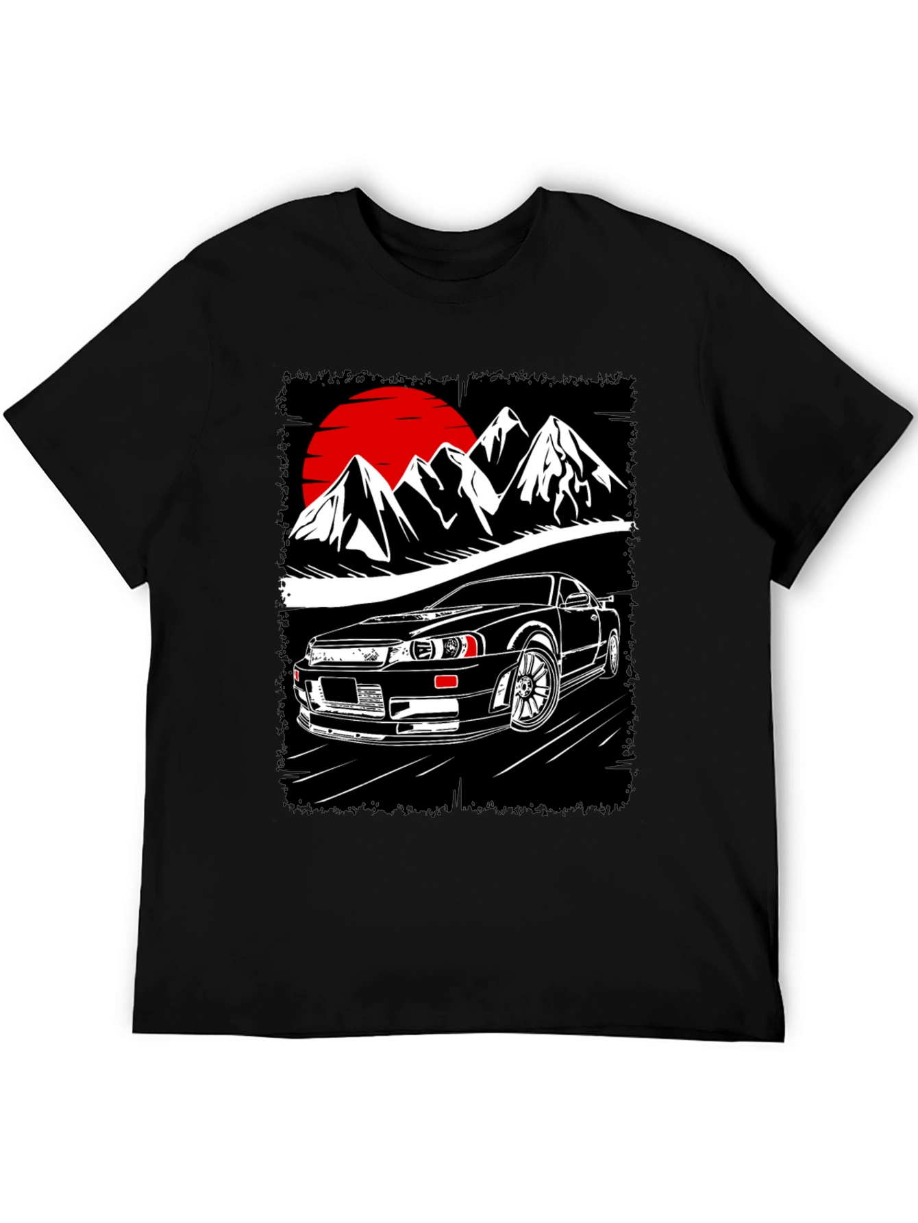 Car & Mountain Graphic Tee - Black Cotton T-Shirt
