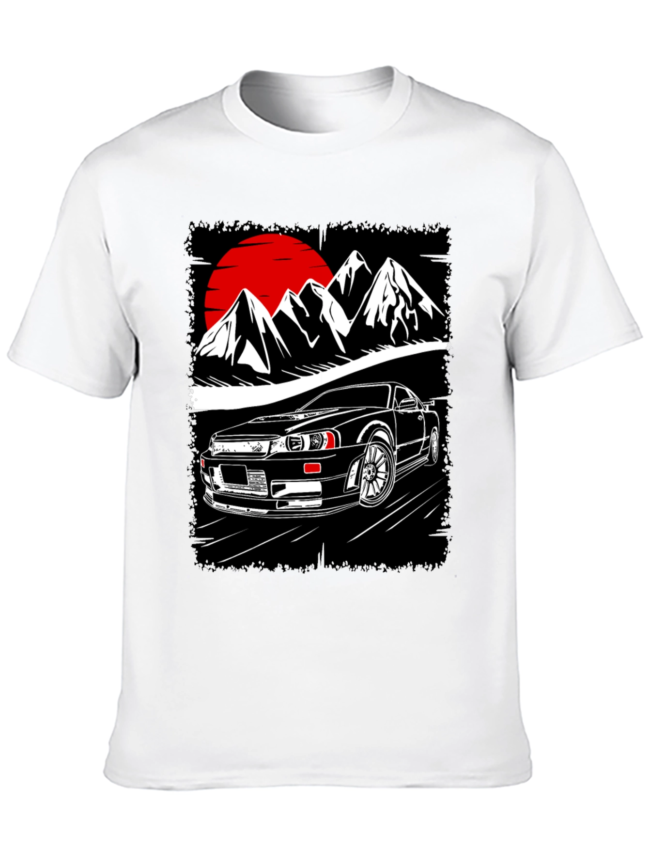 Car & Mountain Graphic Tee - Black Cotton T-Shirt