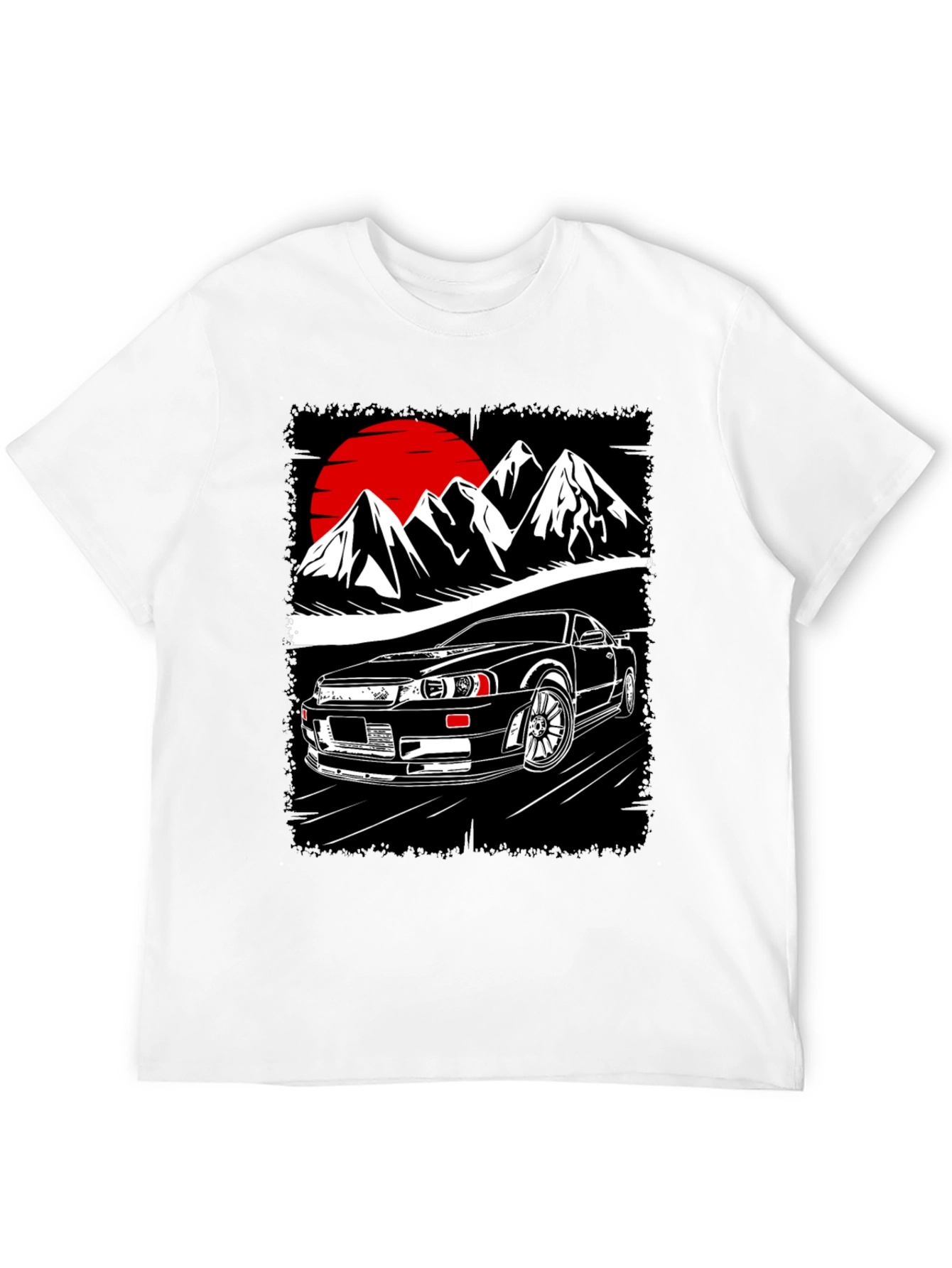 Car & Mountain Graphic Tee - Black Cotton T-Shirt