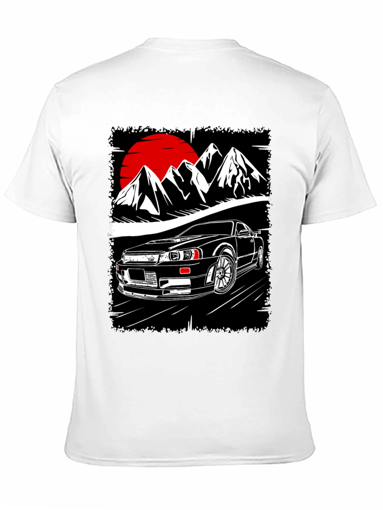 Car & Mountain Graphic Tee - Black Cotton T-Shirt