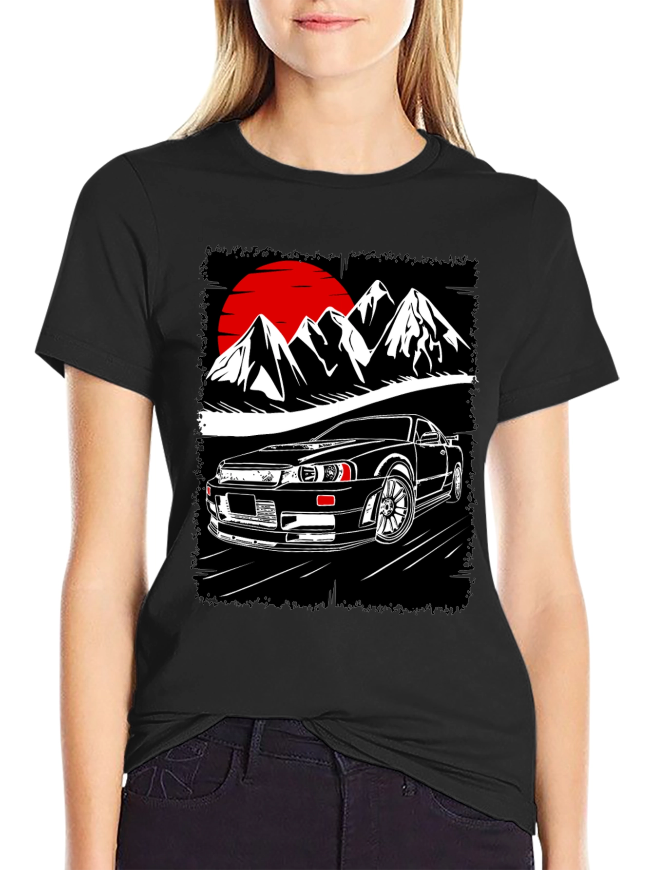 Car & Mountain Graphic Tee - Black Cotton T-Shirt
