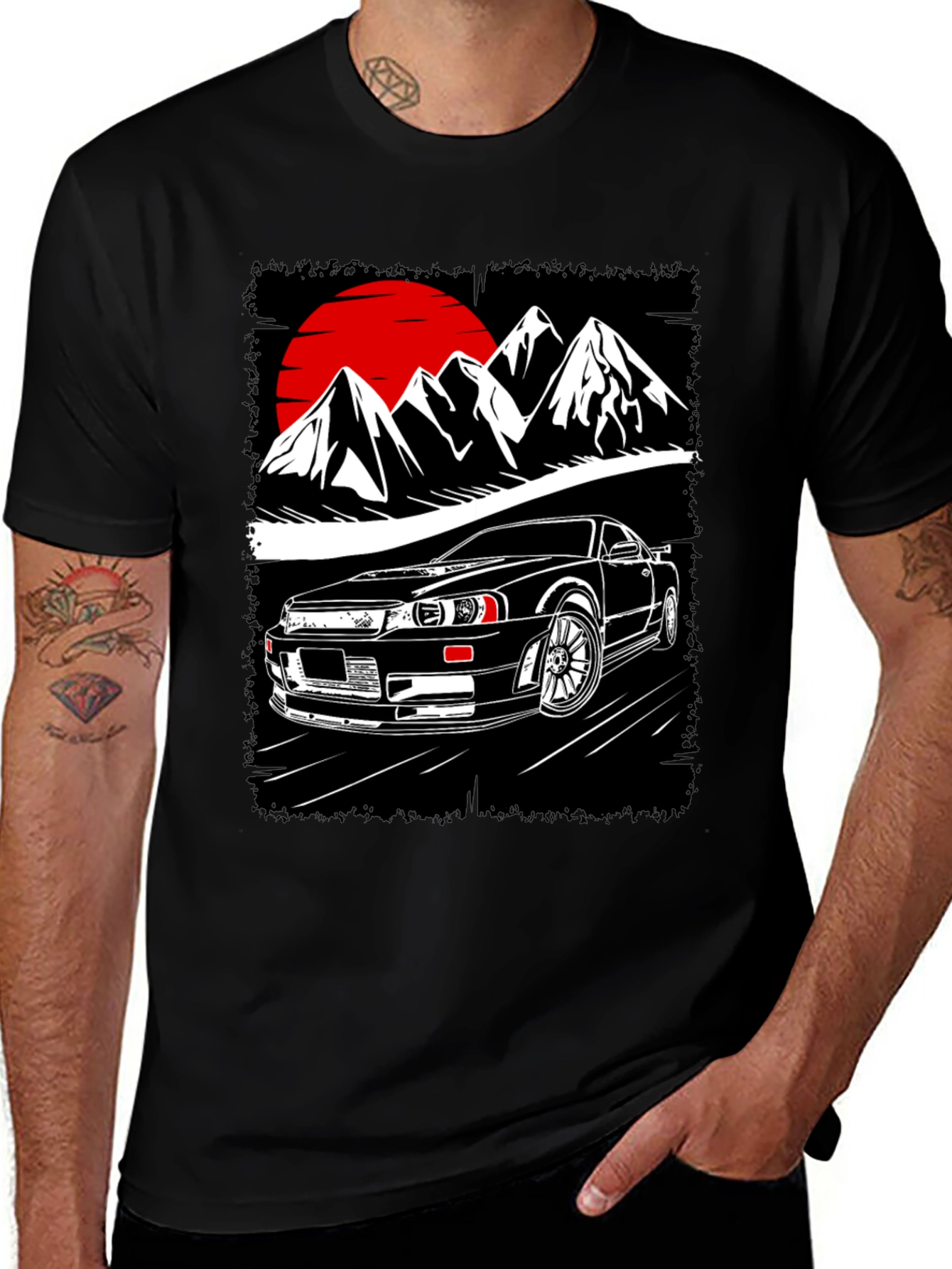 Car & Mountain Graphic Tee - Black Cotton T-Shirt