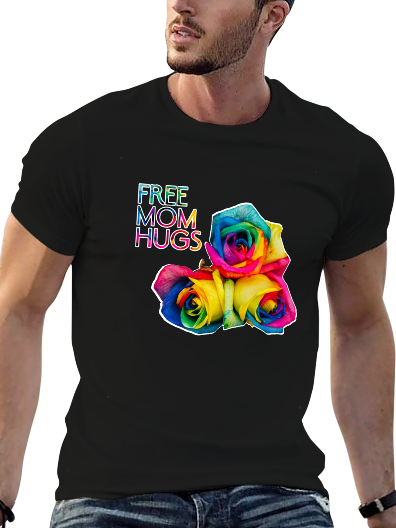 Free Mom Hugs Rainbow Roses Black T-Shirt