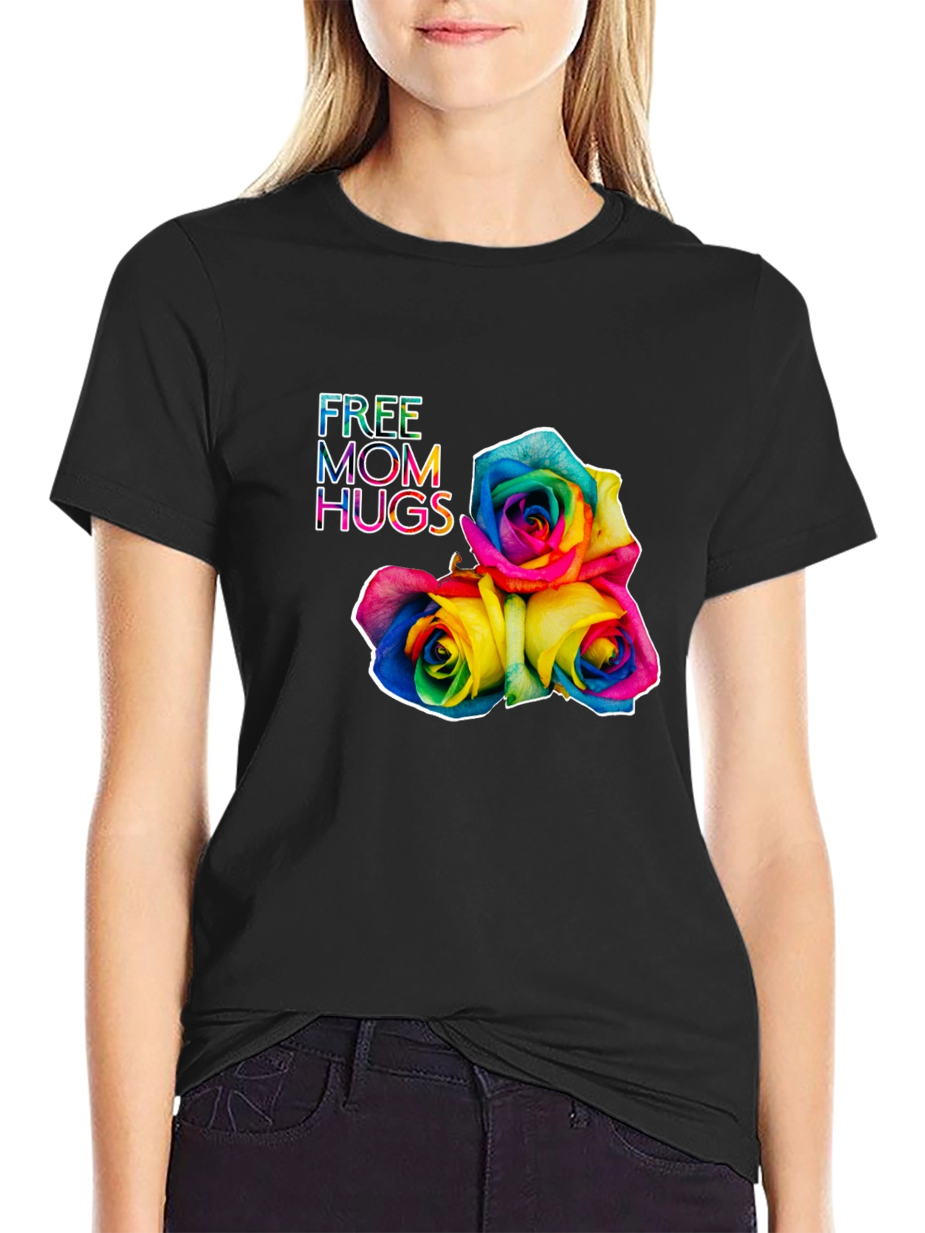 Free Mom Hugs Rainbow Roses Black T-Shirt