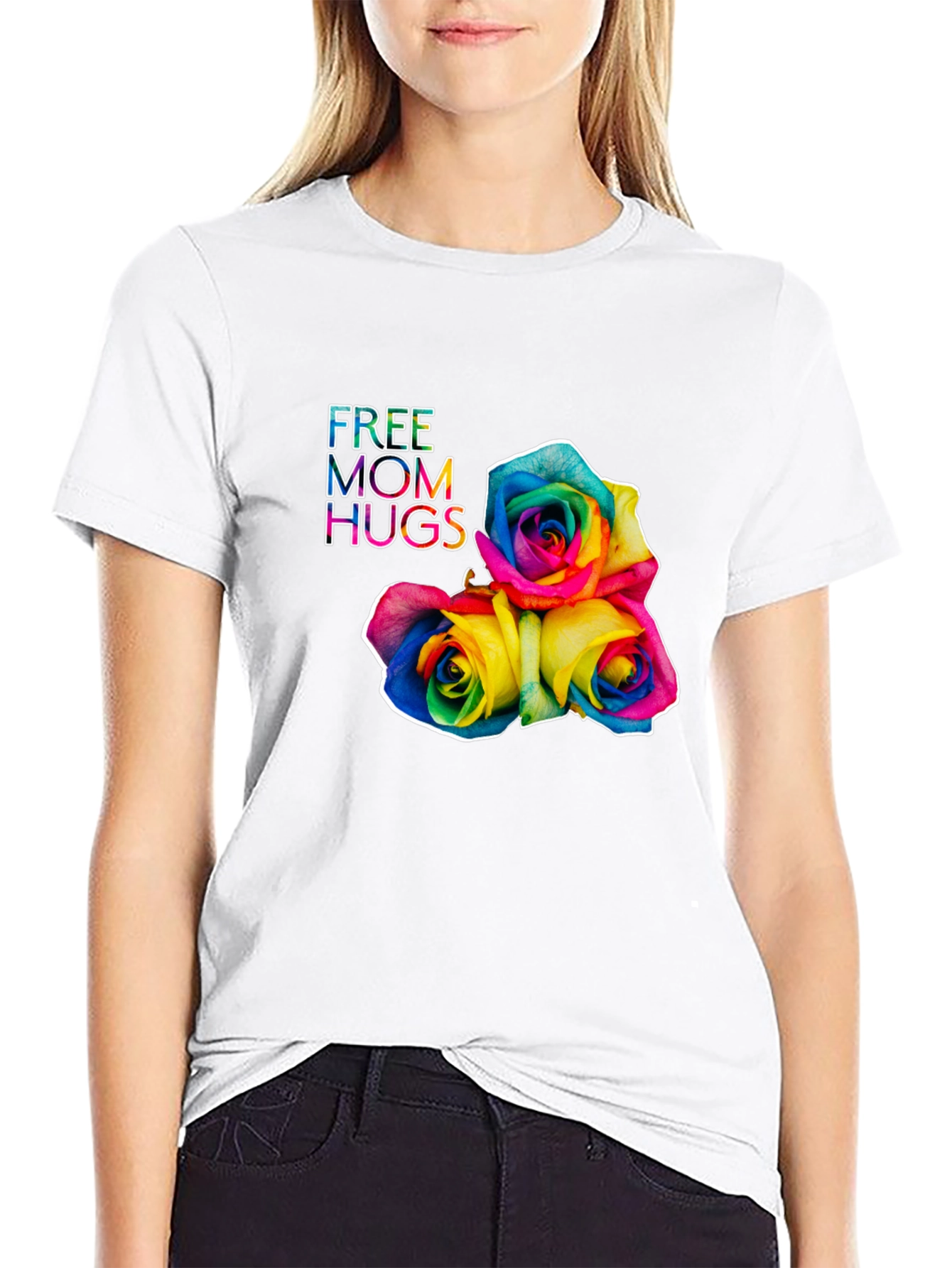 Free Mom Hugs Rainbow Roses Black T-Shirt