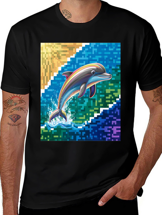 Dolphin Pixel Art Graphic Tee - Mens Black T-Shirt